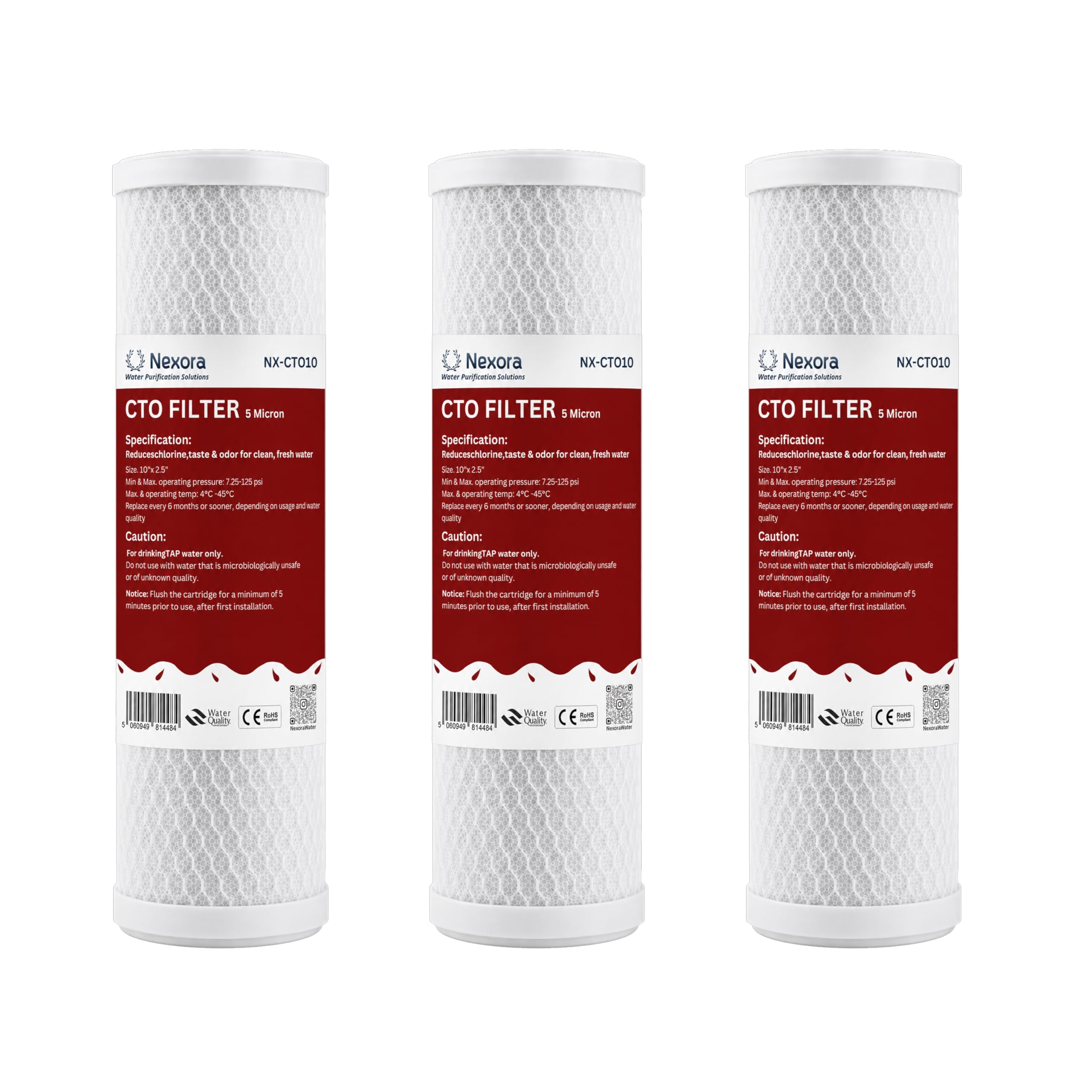 NEXORA 10 Inch Water Filter Cartridges for RO & Under Sink Systems – Universal Replacement Filters – PP Sediment, CTO Carbon Block & GAC Carbon – Multi-Pack (CTO Cartridge, Pack of 3)