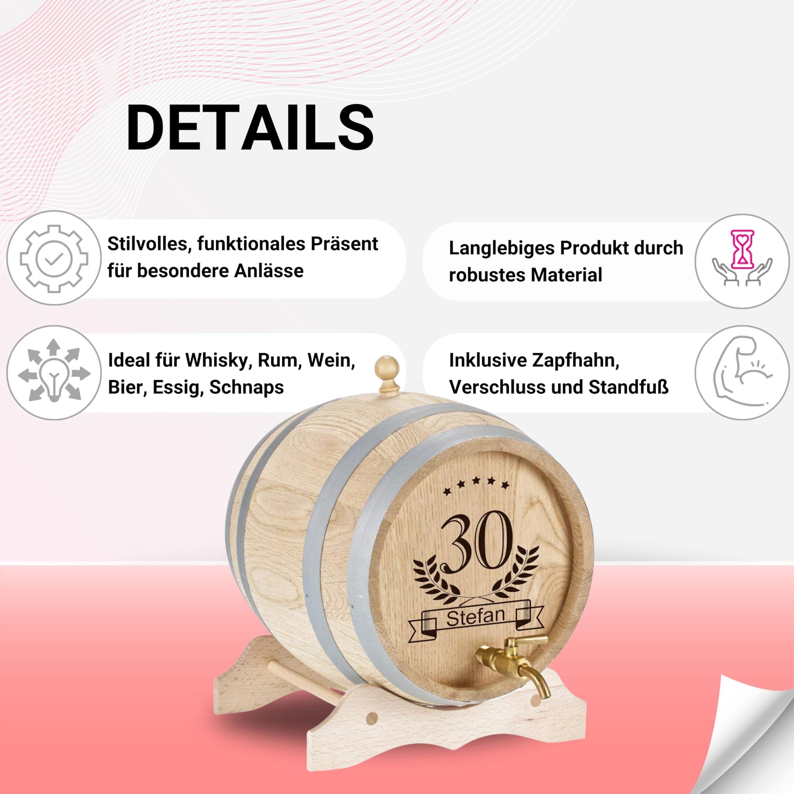 Tonneau en bois personnalisé de 3 litres avec robinet en laiton – Cadeau de Noël pour papa – Idée cadeau amusante pour homme – Petit tonneau en chêne pour rhum, whisky ou vin (motif Geb)
