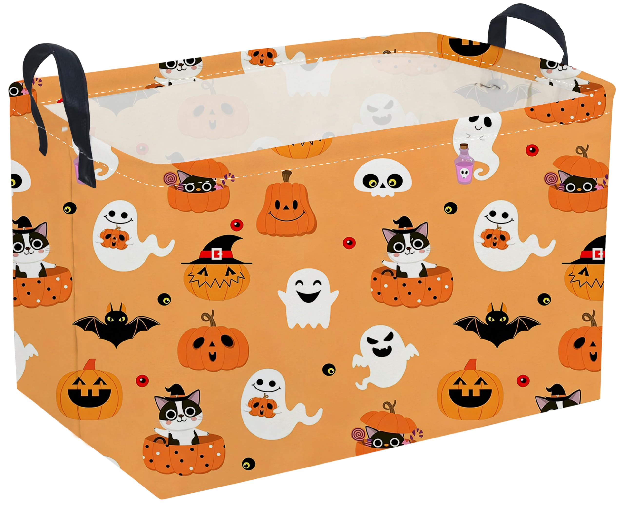 Sanjiaofeng Rectangular Cat Halloween Basket Spooky Storage Bins,Gloomy Storage Basket with Handles.Clothers,Books,Party Gifts Bins.Halloween Party Baskets(Cute Cat)
