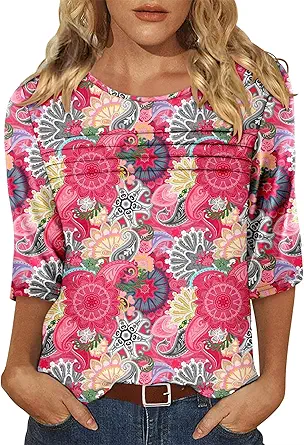 KISSMODA Women's Casual 3/4 Sleeve T-Shirts Round Neck Cute Tunic Tops Basic/Pleated Summer Tops Trendy Spring Blouses