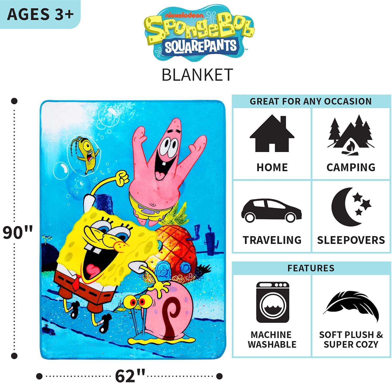 Franco Kids Bedding Super Soft Plush Micro Raschel Blanket, 62 in x 90 in, Spongebob Squarepants, Multicolour, Prints May Vary - Image 3