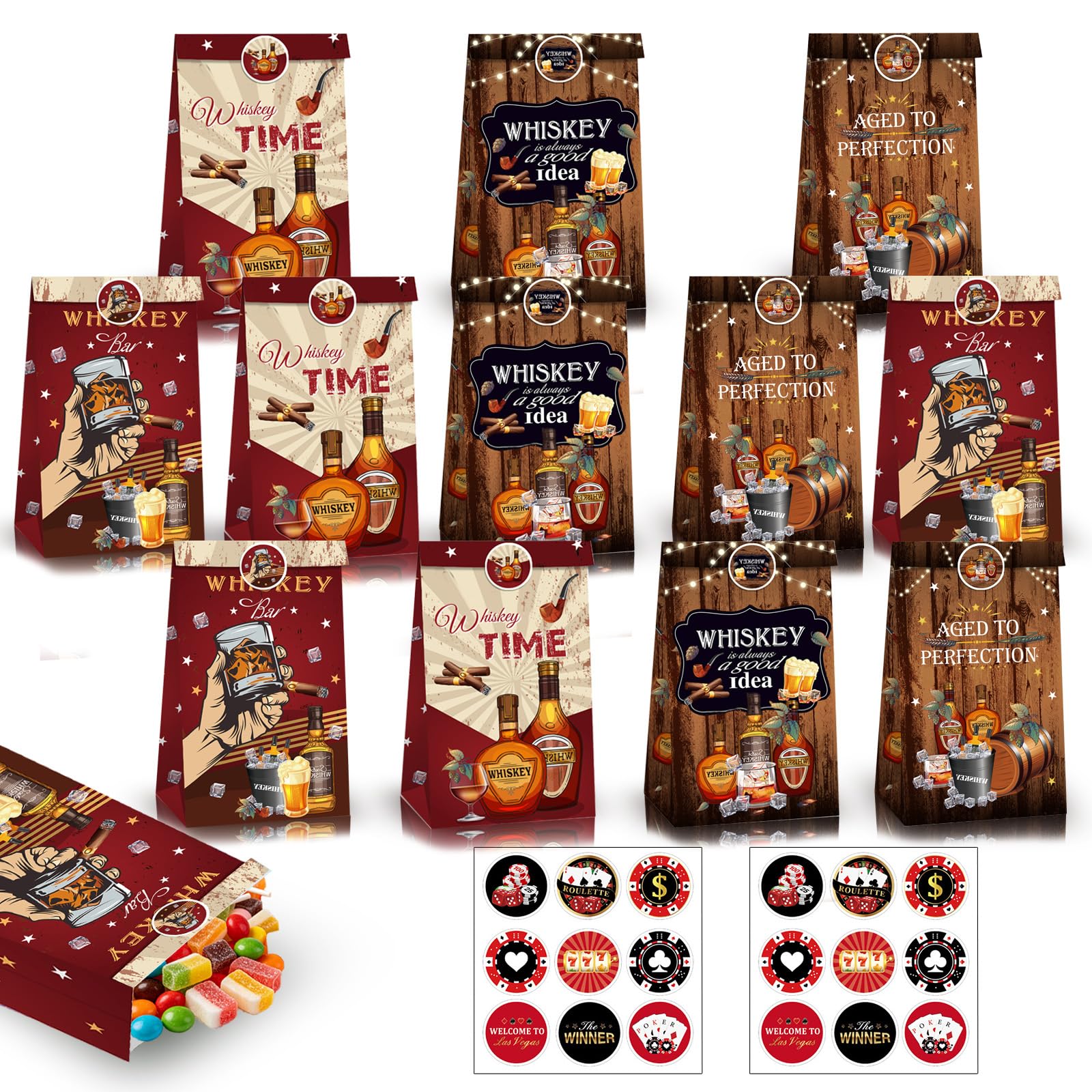 12Pcs Whiskey Birthday Party Bags Paper Gift Bag for Mens Party,Kraft Sweet Goodie Treats Candy Snacks Bag with 18 Sticker,Small Gift Bags for Adults Men - Aged to Perfection Themed Party Favour-Bag