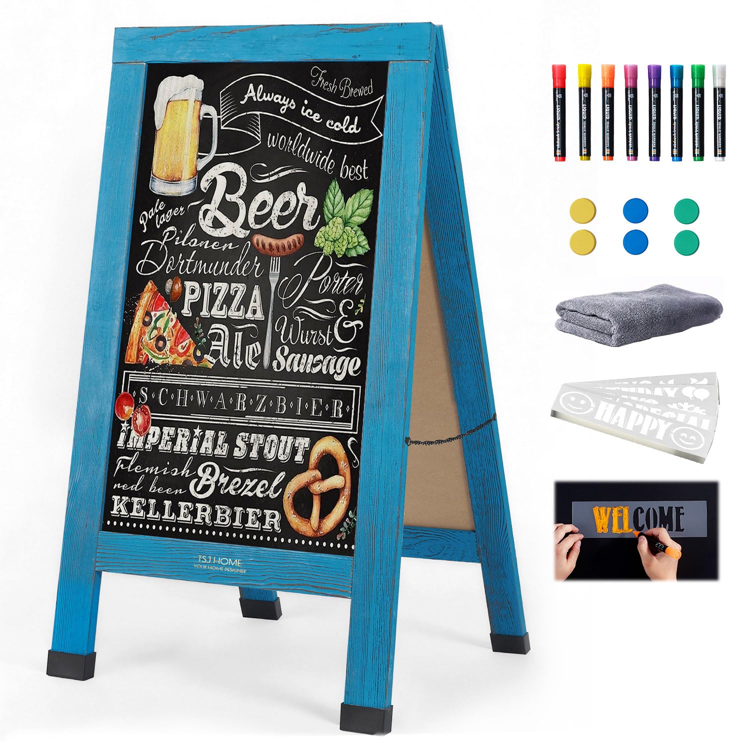Wood Magnetic A-Frame Chalkboard Signs, 40" x 20" Large Sandwich Board Signs Outdoor, Double-Sided Sidewalk Blackboard for Business, Wedding, Vendor Display, Coffee Shope -Blue
