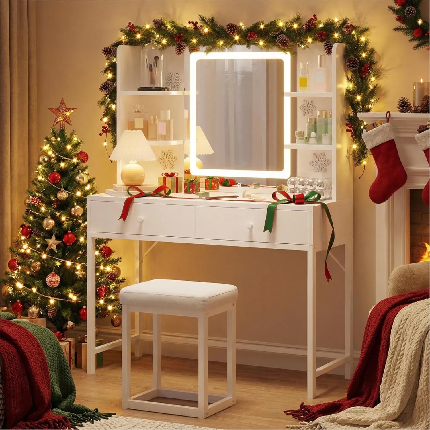 Makeup vanity desk with mirror lights storage stool shelves