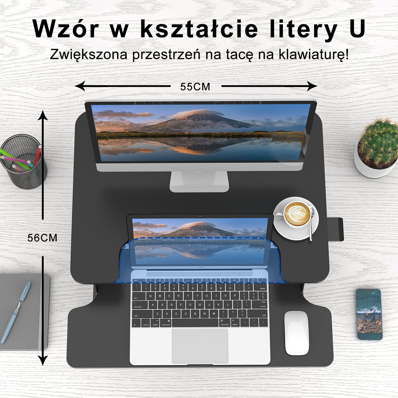 ERGOMAKER Konwerter na biurko stojące, szerokość 55 x 40 cm z regulacją wysokości, szybkie siadanie do pionowej podstawki na biurko, Czarny