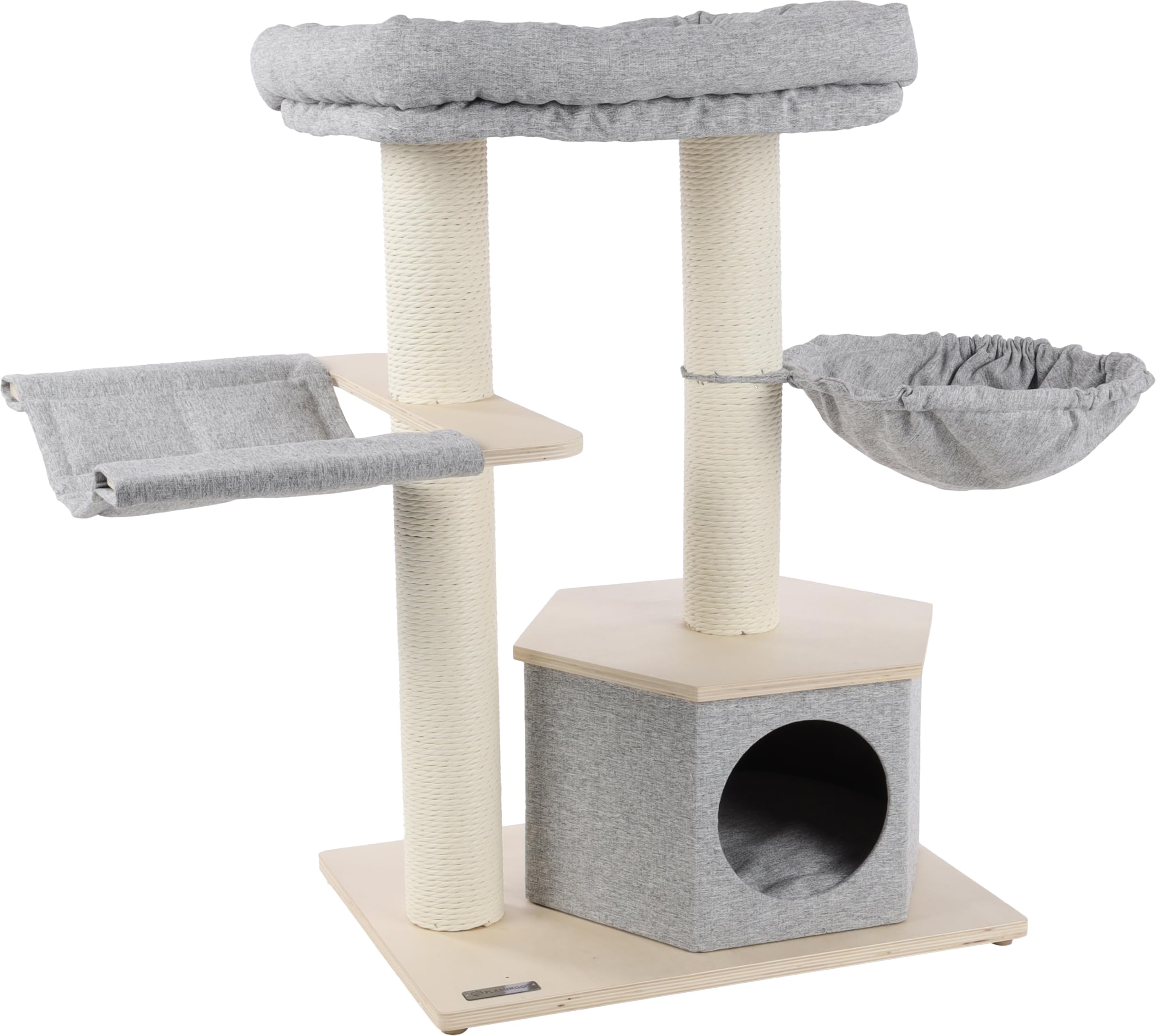 Grand arbre à chat avec niche Flamingo Kaleb, griffoir sisal multiniveau gris