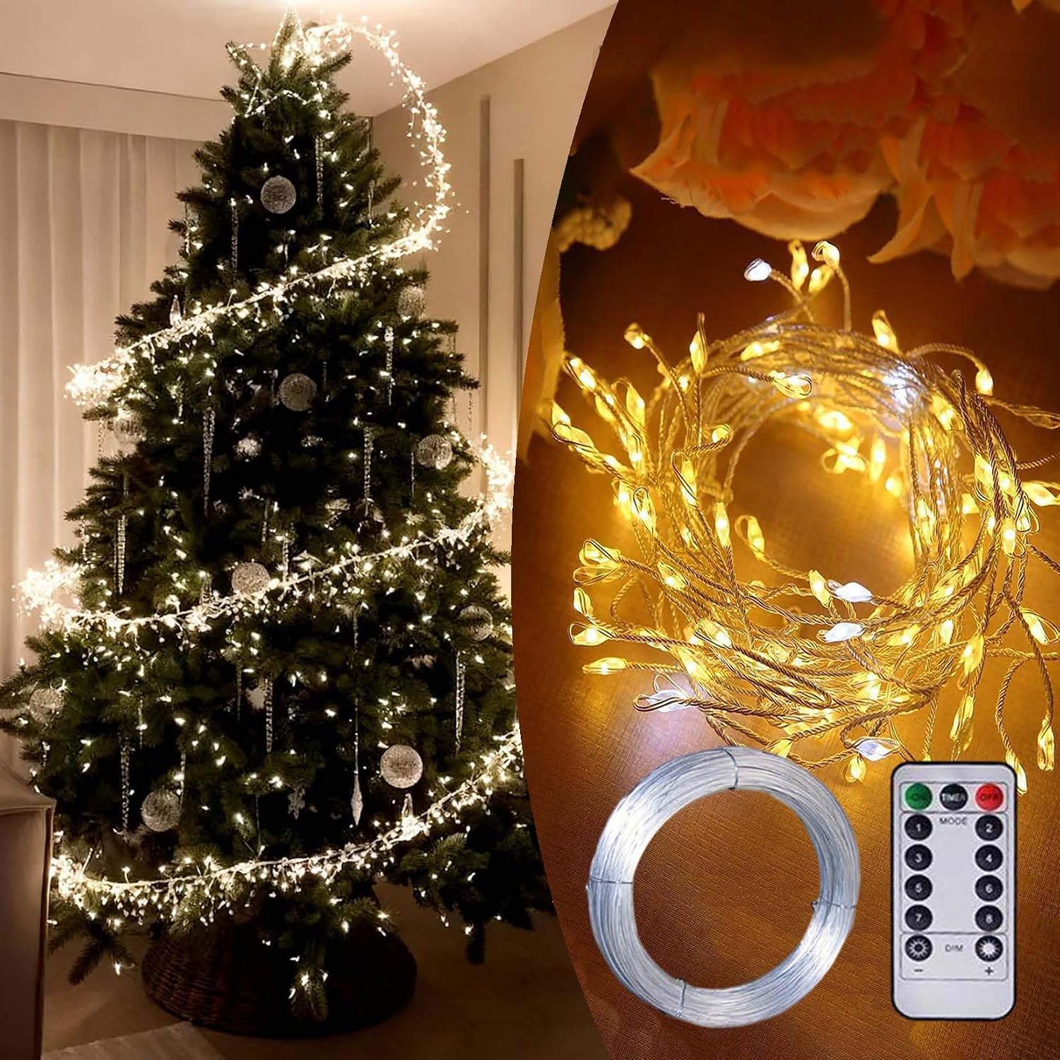 Floating Spiral Christmas Tree Lights, 2025 Floating Christmas Tree with Remote Control, USB Powered Copper Wire Firecracker Light String Decor for Indoor Outdoor Holiday Yard (Warm, 9M-300 LED)