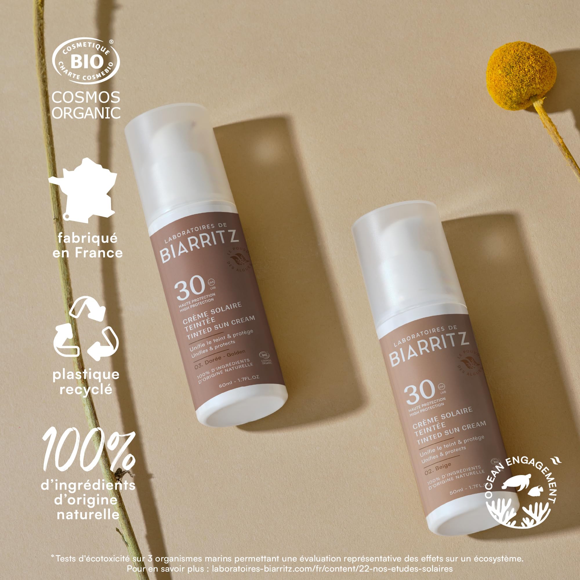 Laboratoires de Biarritz Crème Solaire Teintée SPF30 Dorée Certifiée Bio | Visage, Protection Anti-UVA/UVB et Lumière Bleue, Certifiée Bio, 50 ml, Fabriquée en France