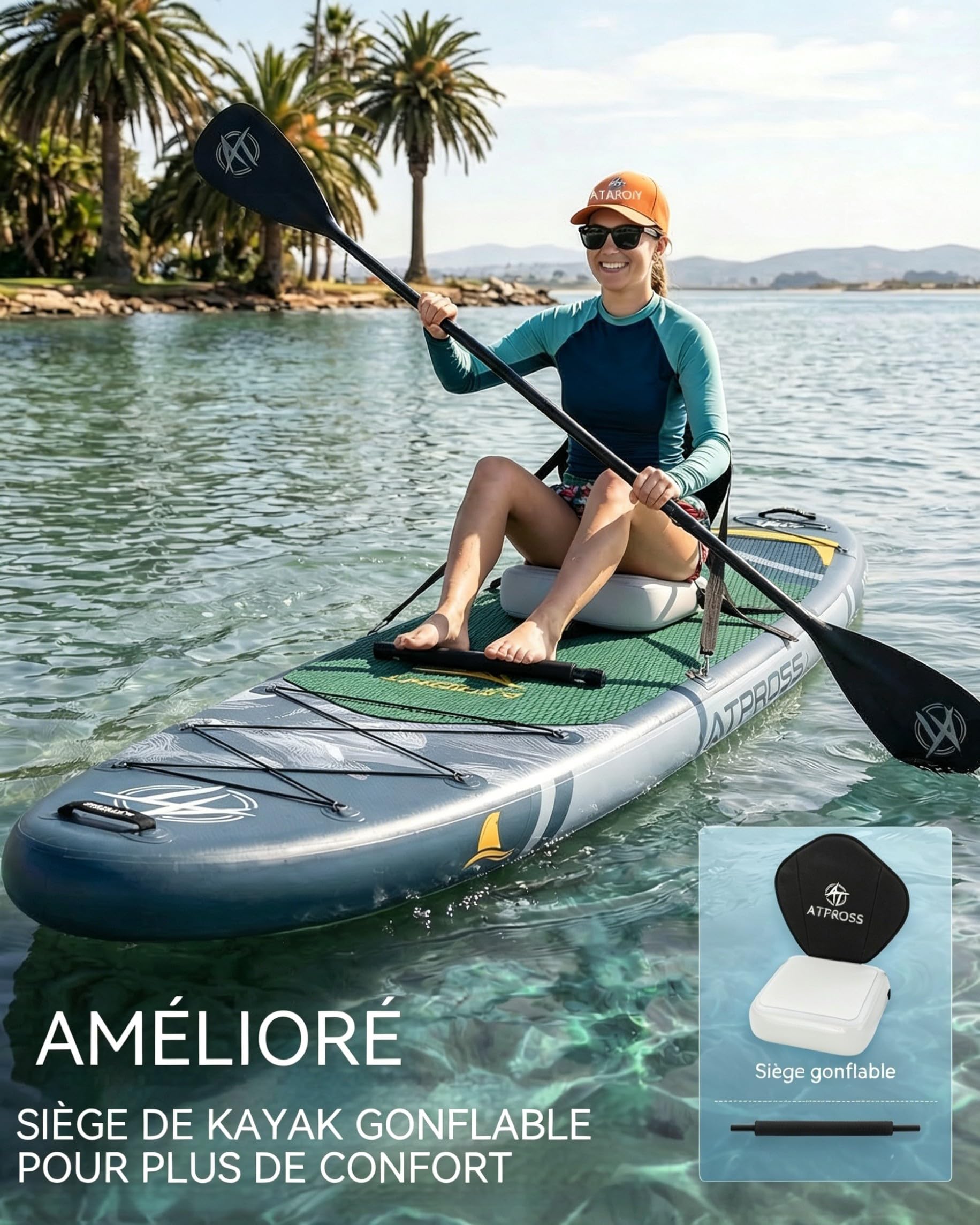 Planche de Paddle Gonflable Adulte avec Siège Kayak & Accessoires, 366x92cm Sup Extra Large & Stable, Charge 240kg, Kayak Gonflable 2 Places pour Yoga, Pêche et Surf