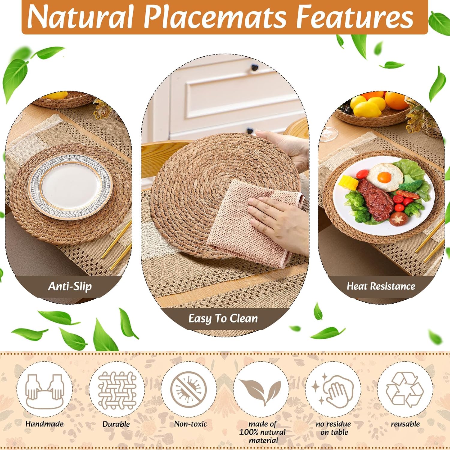 6 Sets Boho Decoration Placemats Round Woven Placemats, Cloth Napkins, Wood Bead Napkin Rings, Long Table Runner and Farmhouse Burlap Cotton for Table Kitchen (Neutral,12x72)