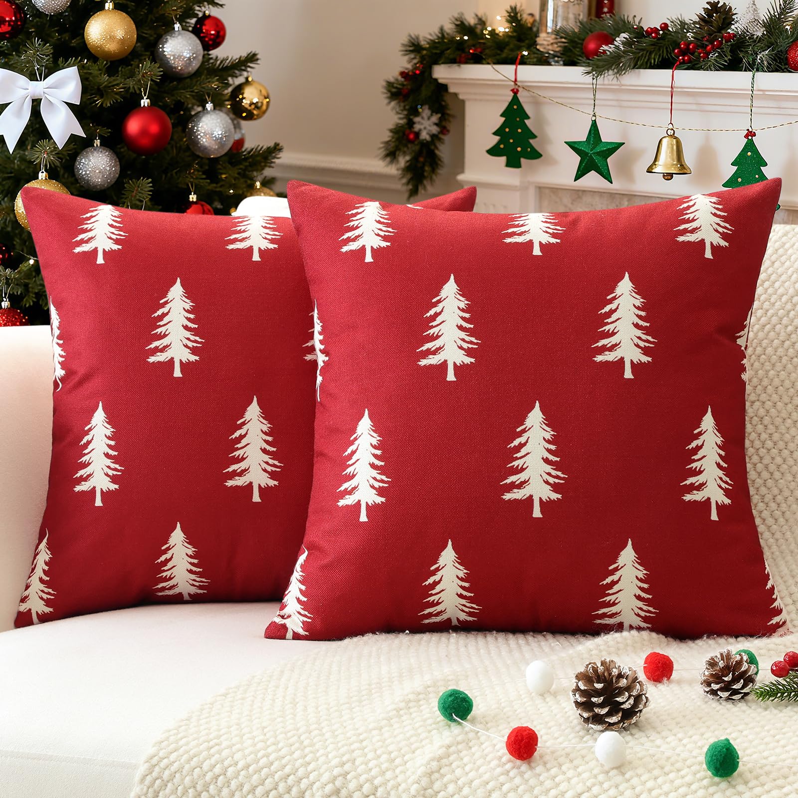 JOTOM Christmas Cushion Covers 40x40 cm Set of 2 Christmas Tree Decorative Double Sided Printed Throw Pillow Covers 16x16 Inch Sofa Winter Holiday Cushion Cases for Home Couch Bed Decor (Red) — image 1