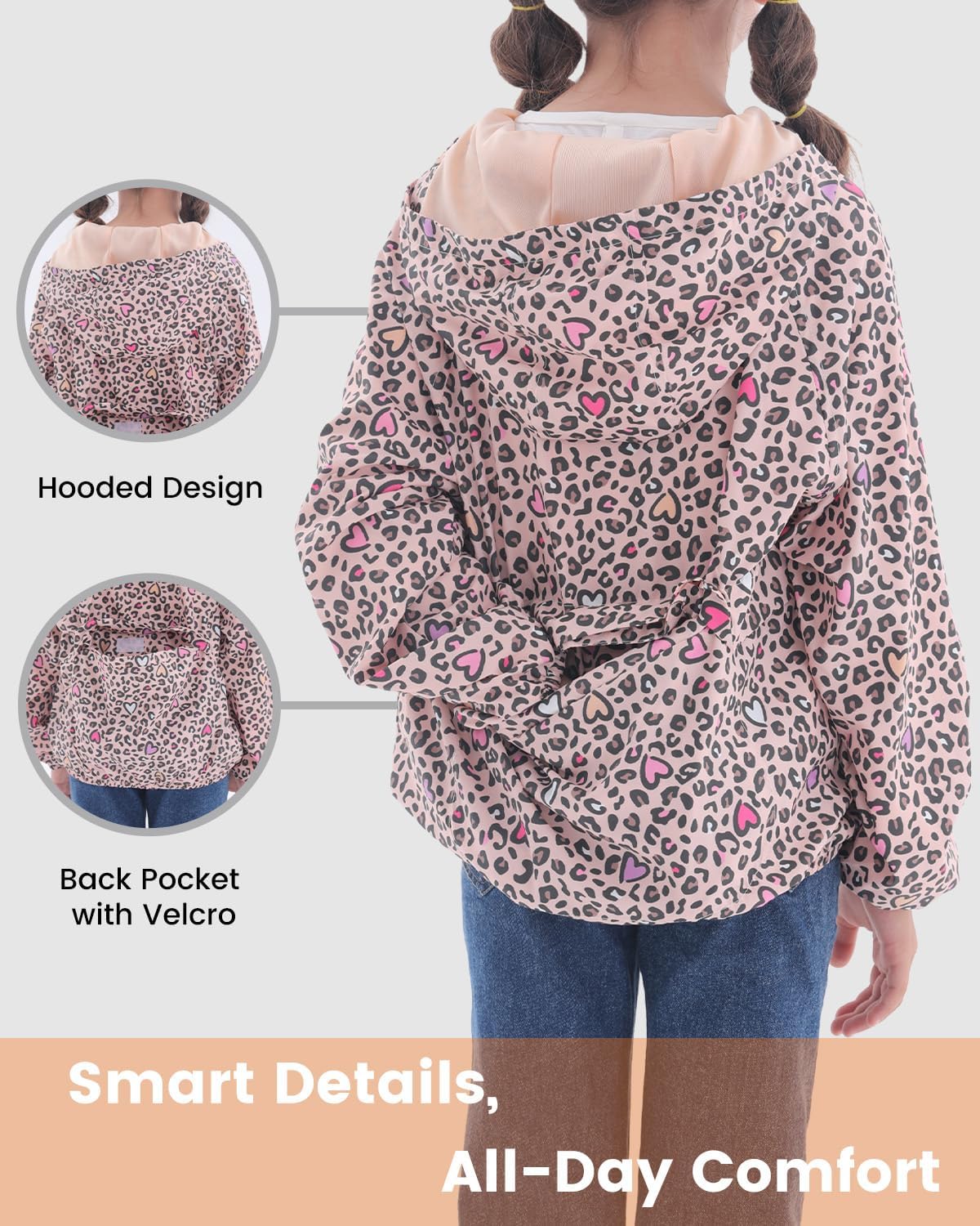 Girls Lightweight Hooded Jacket Kids Water-Resistant Windbreaker Printed Jacket,4-12Y - Image 4