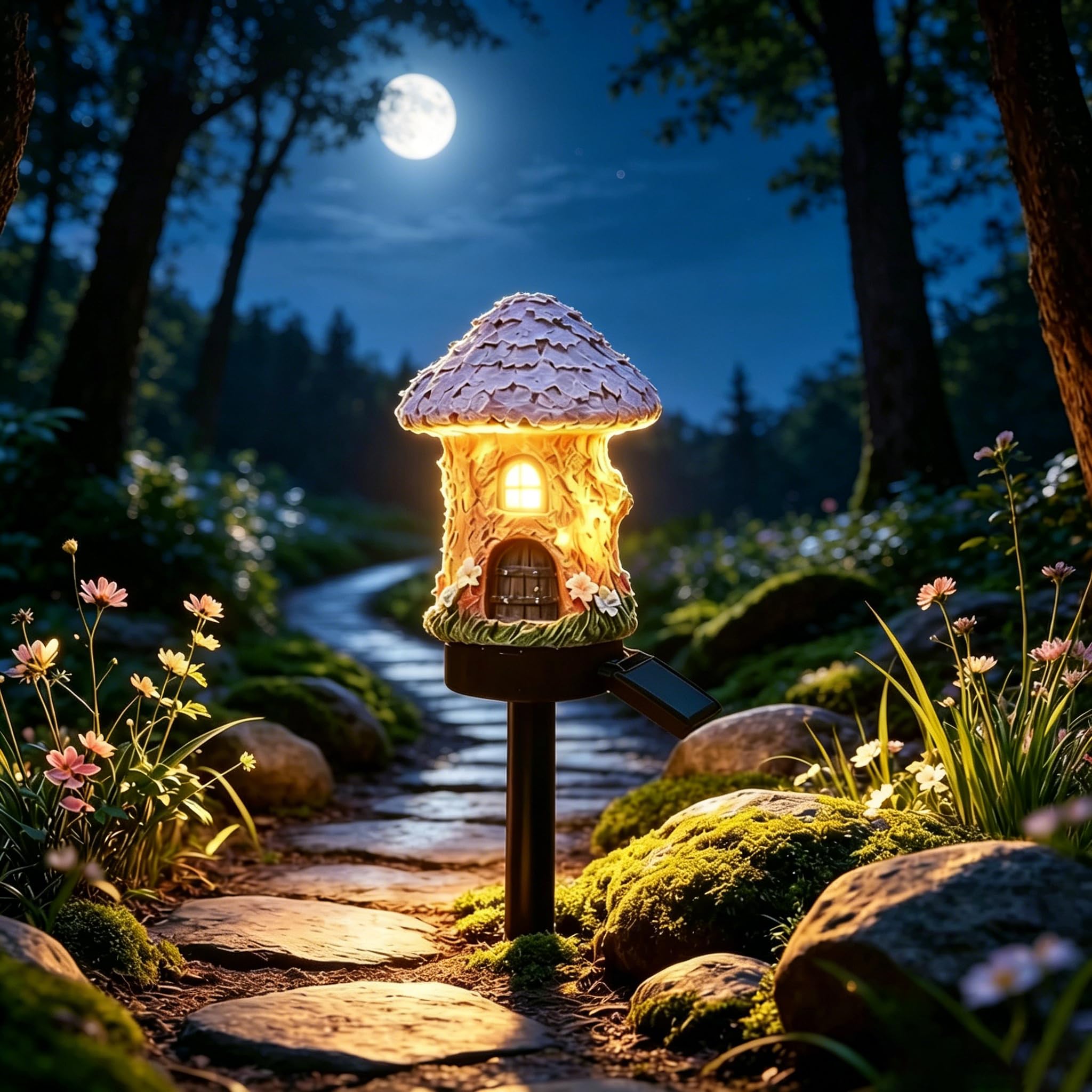 Solar Fairy-Tale Mushroom Cottage Garden Light, Waterproof Resin LED Landscape Lamp with Auto Dusk to Dawn, Warm Glow Wireless Stake Light, Tool-Free Outdoor Decor for Yard Patio Lawn Pathway (A)