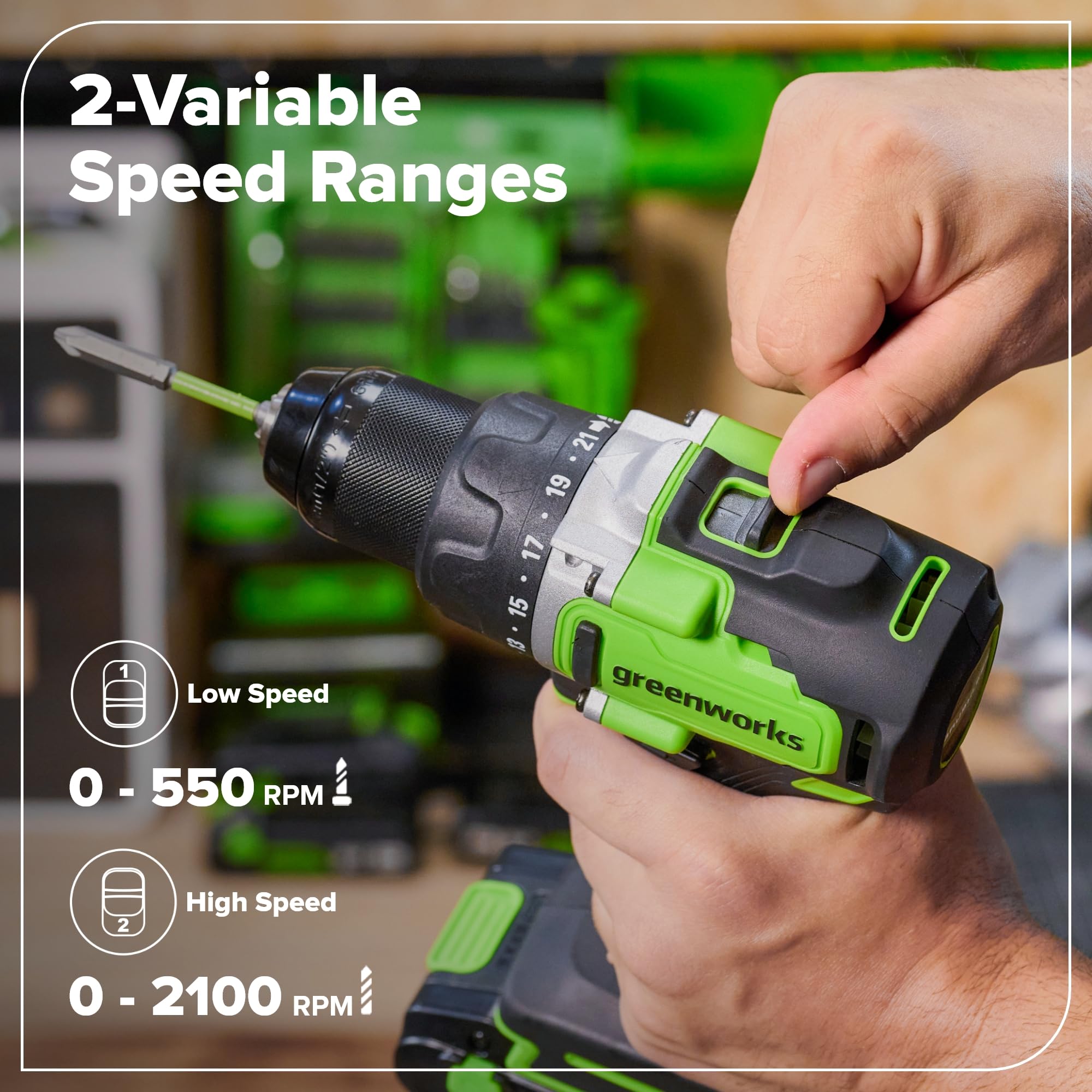 Greenworks 24V Cordless Brushless 90Nm Taladros atornilladores, Grado profesional, embrague 21, batería USB-C de 4.0Ah, cargador rápido USB-C de 65W (3 puertos) y cable USB C a USB C DD590