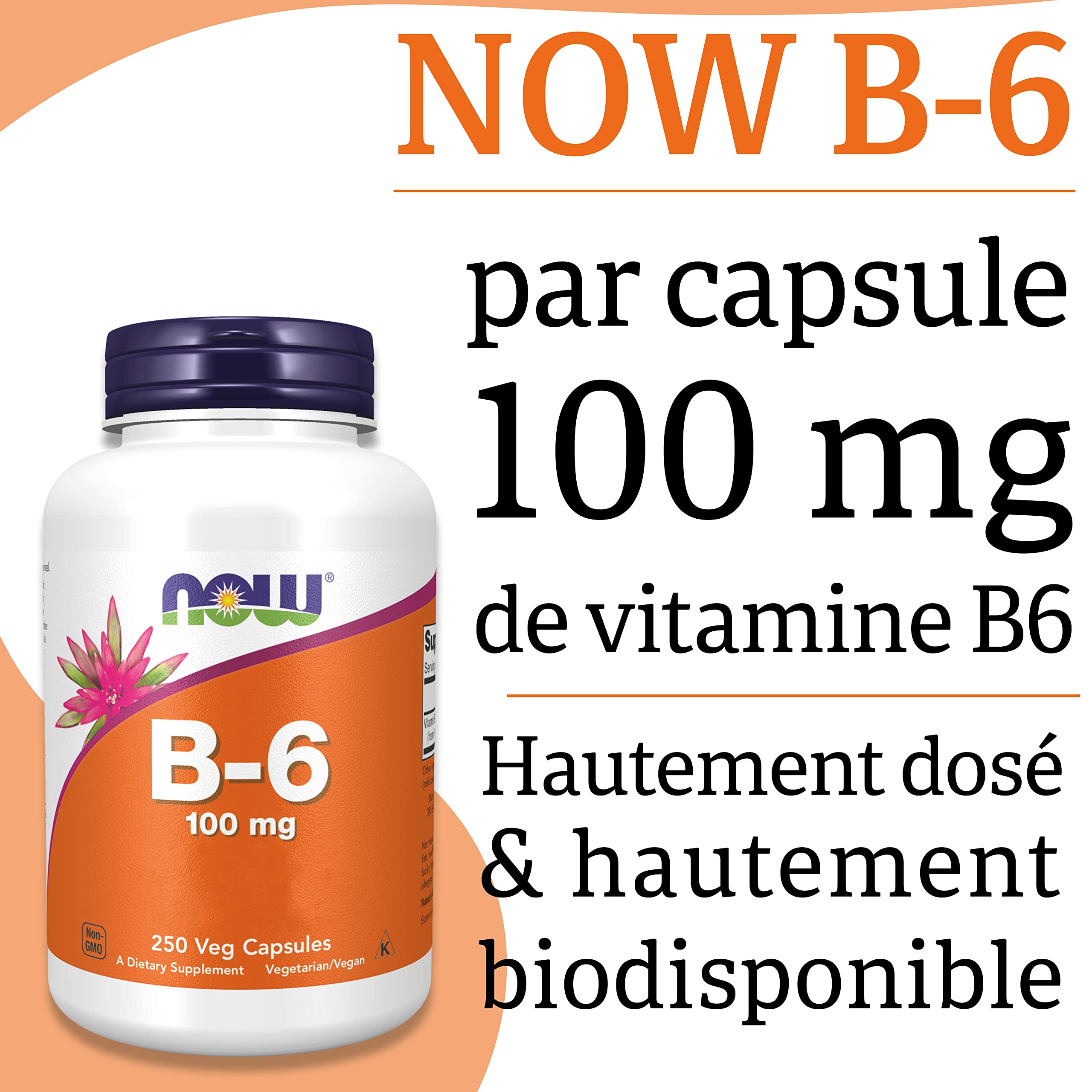 Now Foods, Vitamine B6 (Pyridoxine), 100mg, 250 Capsules végétaliennes, Testé en Laboratoire, Sans Gluten, Sans Soja, Végétarien, Sans OGM