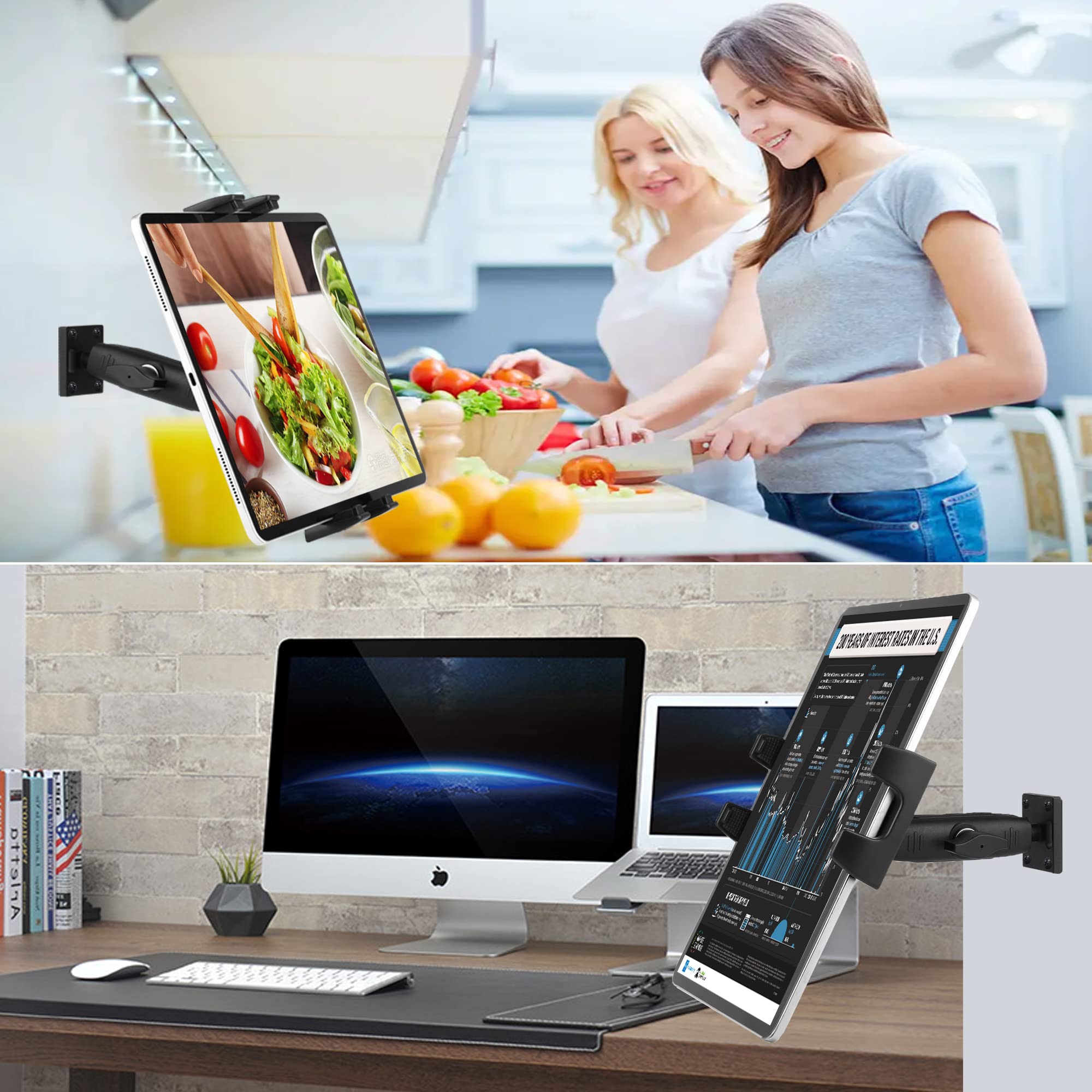 Uchwyt ścienny na tablet iPad stojak ścienny z długim ramieniem obracana o 360° aluminiowa podstawa do tabletu 4~15 cali i telefonu komórkowego iPad Pro 12,9, Galaxy Tab S9 Ultra 14,6 S9FE