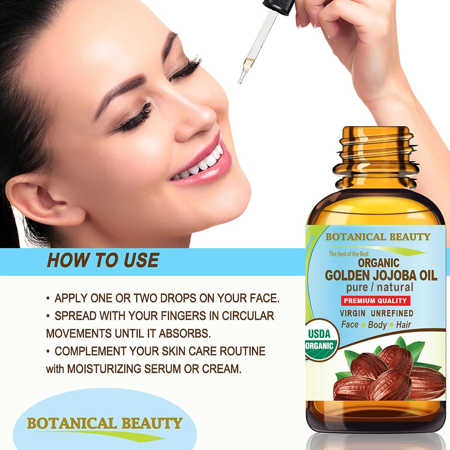 Botanical Beauty Organic JOJOBA OIL 100% Pure Natural VIRGIN UNREFINED Cold-Pressed Carrier Oil 0.5 Fl oz 15 ml for Face, Skin, Body, Hair, Lip, Nails. Rich in Vitamin E, Omega 6, Omega 9 - Image 4