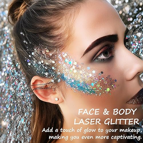 Miniatura 9 de Face Glitter Gel, 2 Jars Holographic Chunky Glitter Makeup for Body, Hair, Face, Nail, Eyeshadow, Long Lasting and Waterproof Mermaid Sequins Liquid