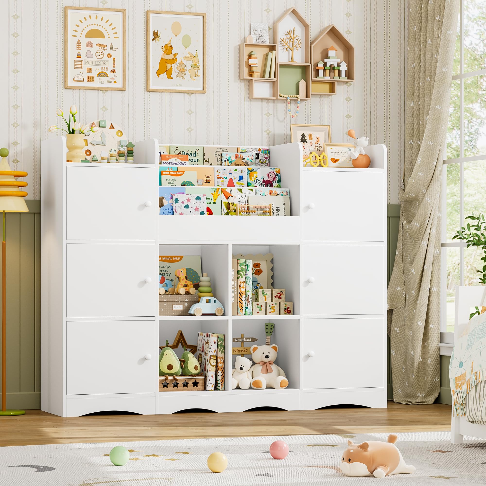 FOREHILL Organizador Juguetes, 6 Armarios con Puertas, Blanco | Estanteria Infantil, 6 Armarios con Puertas, 4 Estantes Abiertos para Dormitorios Guardería, 140x30x106cm