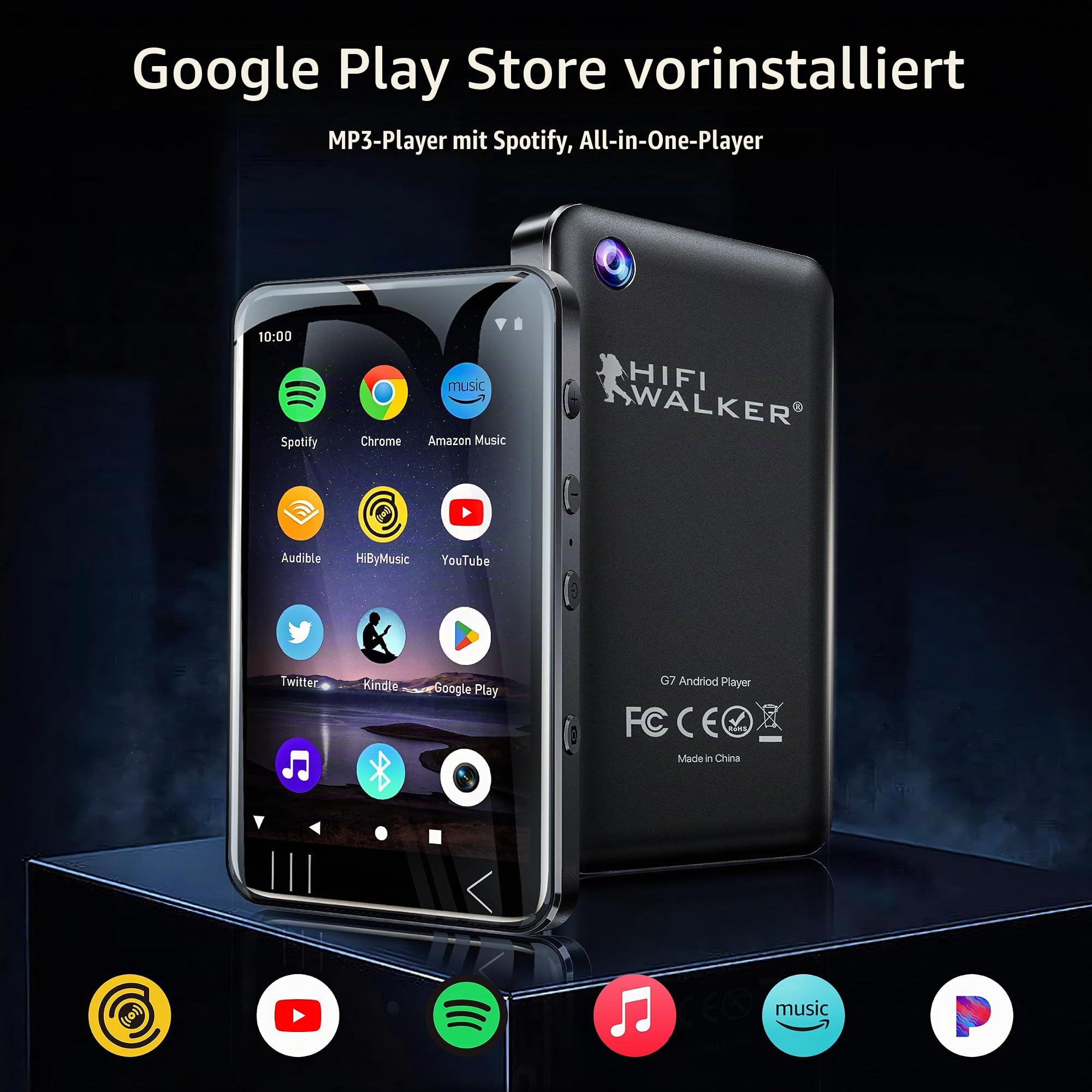 HIFI WALKER G7 MP3 Player mit Bluetooth & WLAN, Android 13, 144GB Speicher, 3GB RAM, 4 Zoll Touchscreen MP3/MP4 Player mit Lautsprecher, Kamera, Kindersicherung, Spotify kompatibel, Schwarz