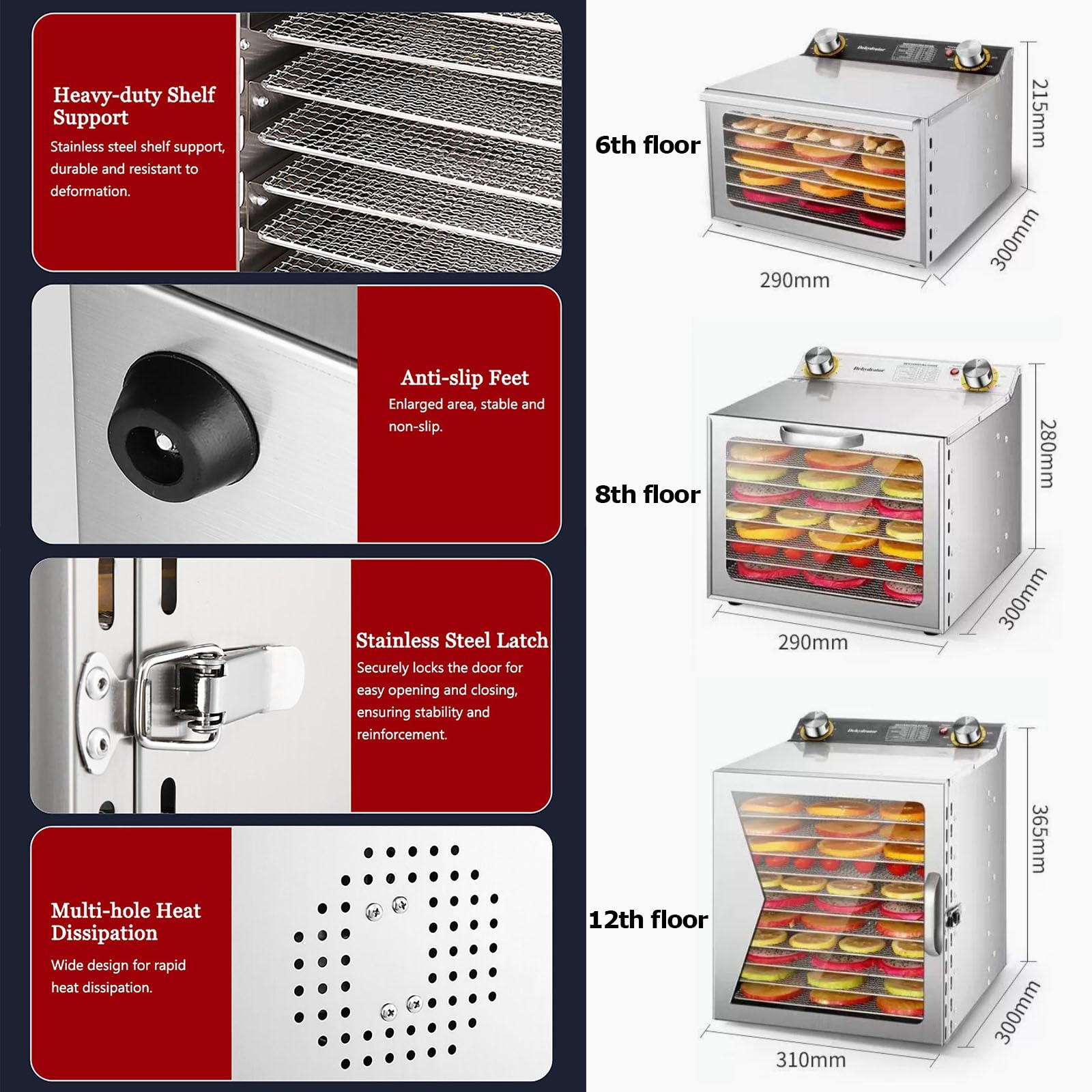Essiccatore Commerciale a Freddo & Essiccatore Alimentare, Essiccatori Elettrici per Jerky da 1000W, Temperatura Regolabile 35-90℃, Timer 24H, per Jerky, Carne, Frutta, Erbe, Funghi 6-layer
