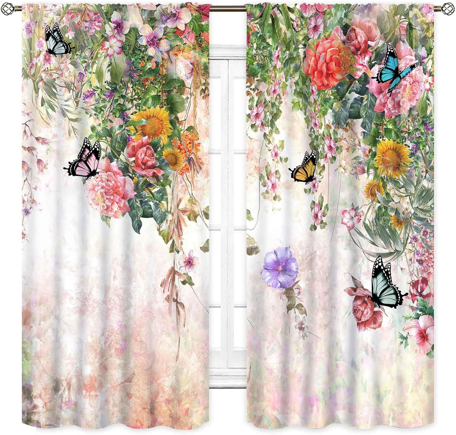 Floral Curtains, Watercolor Summer Spring Floral Blossom Colorful Botanical Nature Flower Printed Window Drapery Treatments for Bedroom Living Room Kitchen 2 Panels Set, 42"x54" Inch