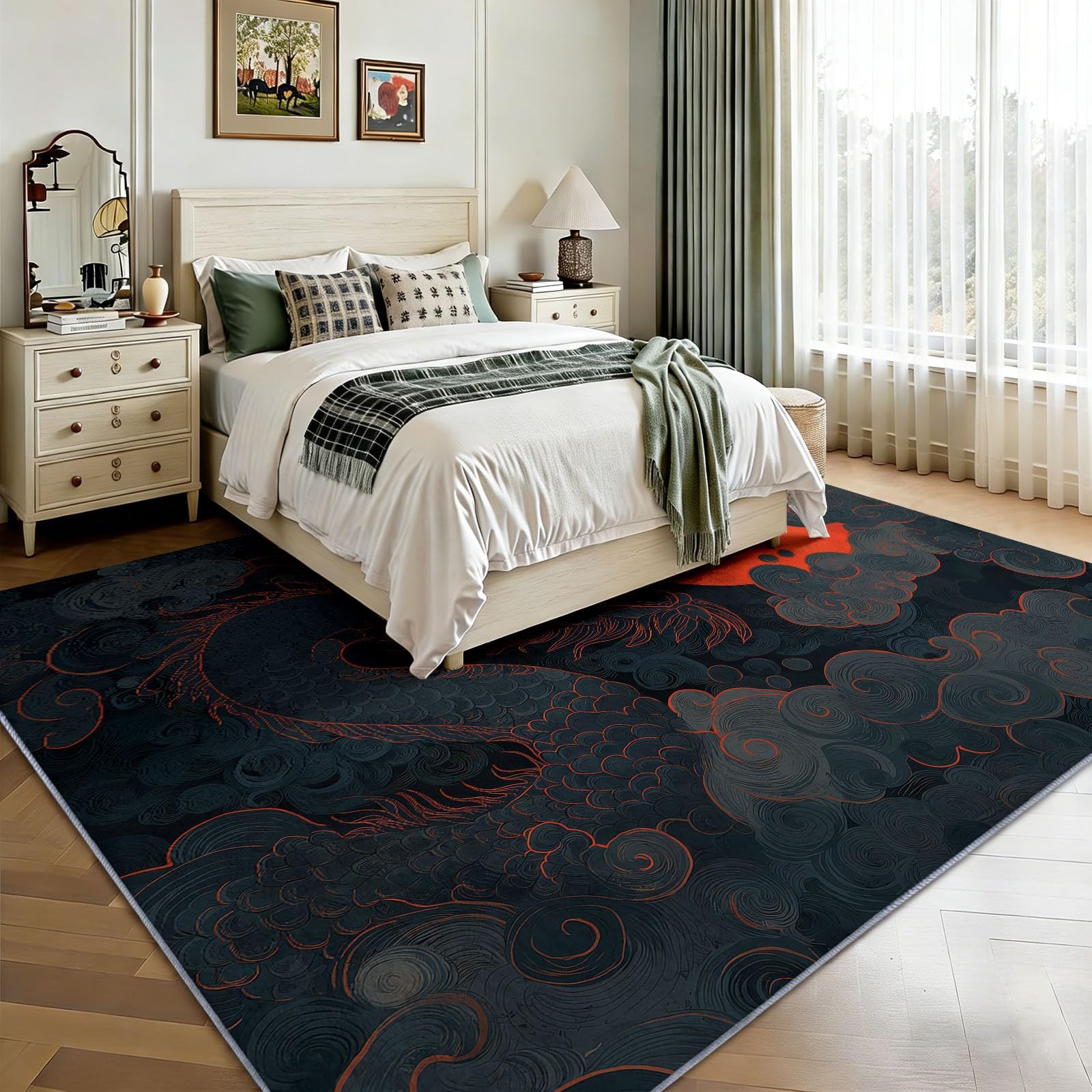 Alfombra antideslizante lavable con diseño de dragón chino y luna roja, 160 x 230 cm, alfombra antideslizante para dormitorio, sala de estar, alfombra de suelo de pelo corto, fácil de limpiar
