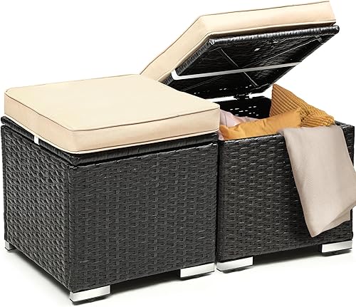 YITAHOME Juego de 2 otomanas de mimbre, asiento otomano de mimbre para todo tipo de clima, para patio, patio trasero, asientos adicionales,