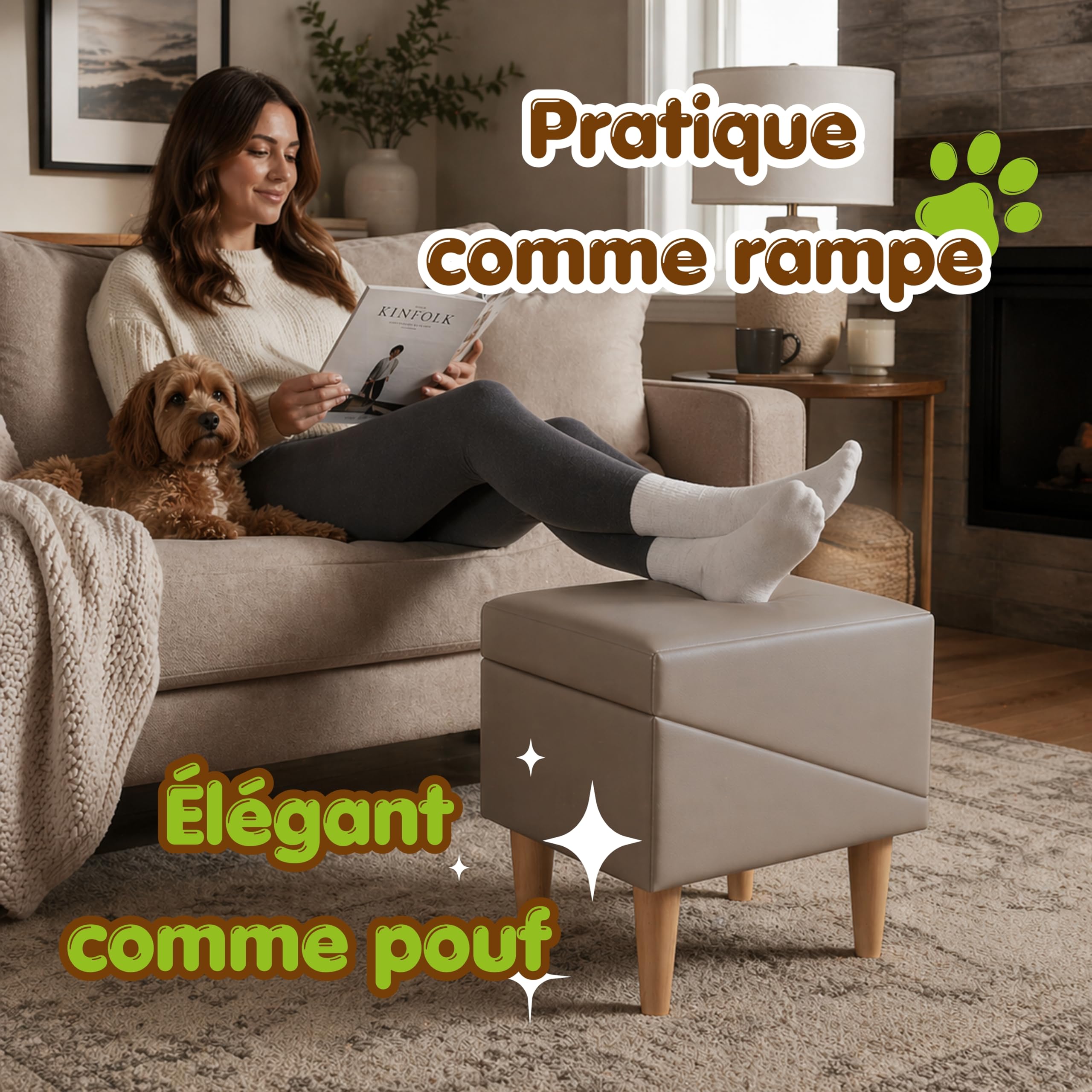 Siège & Escalier pour Chien Antidérapant 2 en 1 – Rampe et Marches pour Chiens & Chats Âgés – Marche ou Fauteuil – Mobilier Pliable et Esthétique pour Intérieur - 36 cm de Hauteur, Effet Cuir, Beige