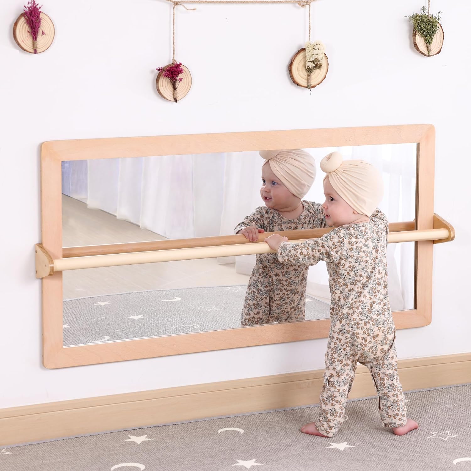 3-Position Montessori Shatterproof Safety Baby Mirror w/Pull Up Handrail, Infant Coordination Mirror Set, Kid's Classroom Furniture for Nursery, Daycare, Homeschool or Preschool (Natural Pura)
