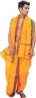 exotic india Ready to Wear Men's Cotton Dhoti and Angavastram Set with Woven Temple Border-picture-11