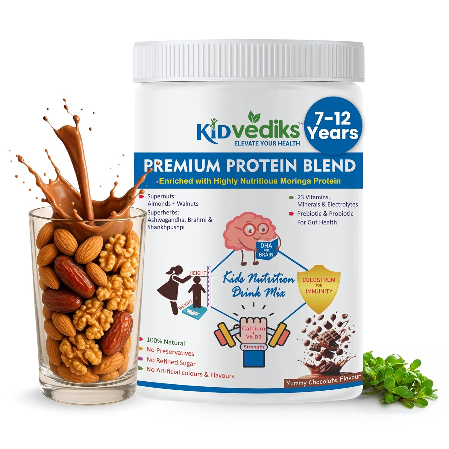 KidVediks Kids Nutrition Drink Mix | Ages 7–12 | 350g | Protein Powder | Health drink for kids | 8g Protein/Serving | 5 Premium Protein Sources | 23 Vitamins & Minerals | DHA, Calcium, Zinc | Chocolate Flavour, No Refined Sugar ,Artificial Flavours or Preservatives KidVediks Kids Nutrition Drink Mix | Ages 7–12 | 350g | Protein Powder | Health drink for kids | 8g Protein/Serving | 5 Premium Protein Sources | 23 Vitamins & Minerals | DHA, Calcium, Zinc | Chocolate Flavour, No Refined Sugar ,Artificial Flavours or Preservatives