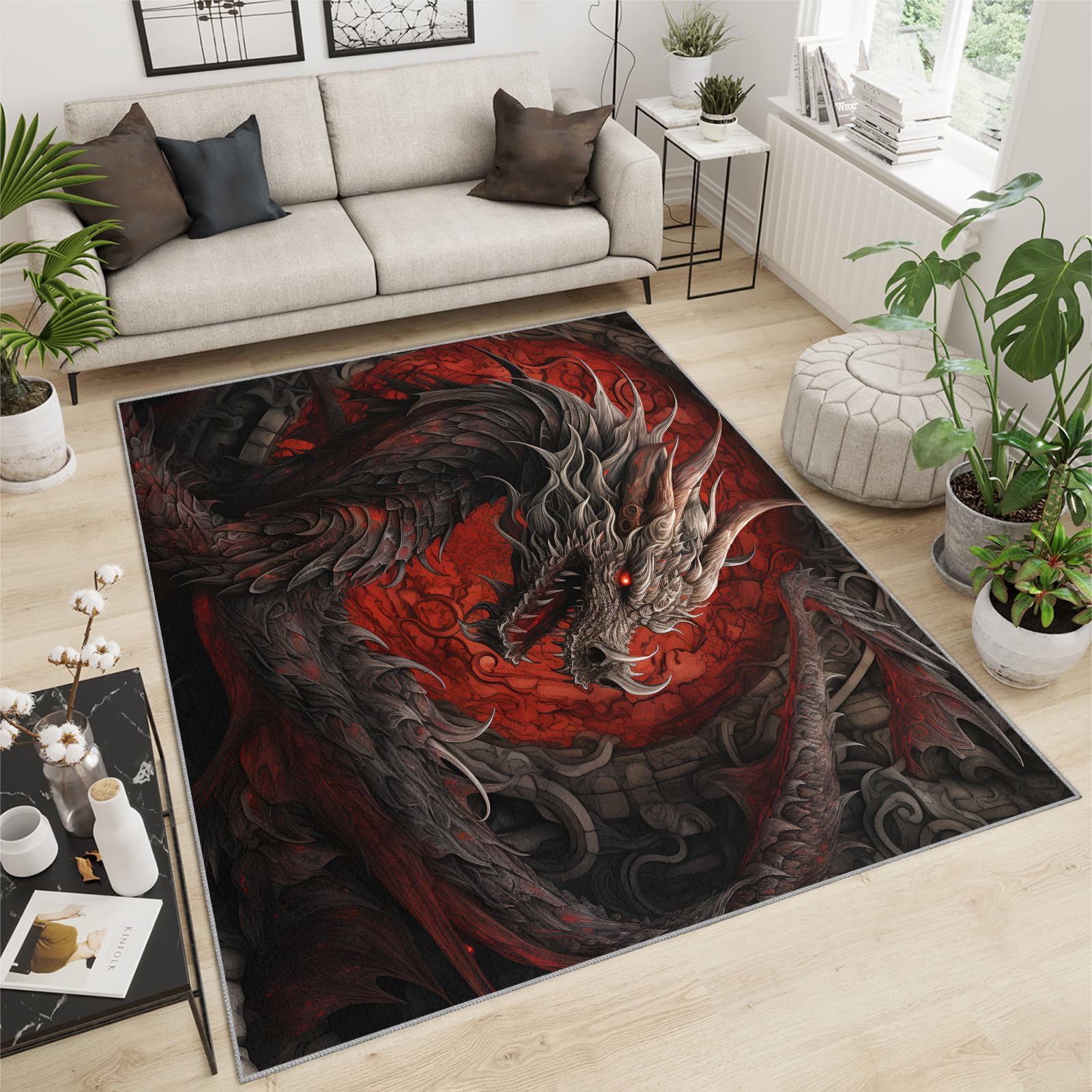 Tapis dragon rouge et noir, à poils ras et antidérapant, pour salon, chambre à coucher, cuisine, salle à manger, bureau, 80 x 150 cm
