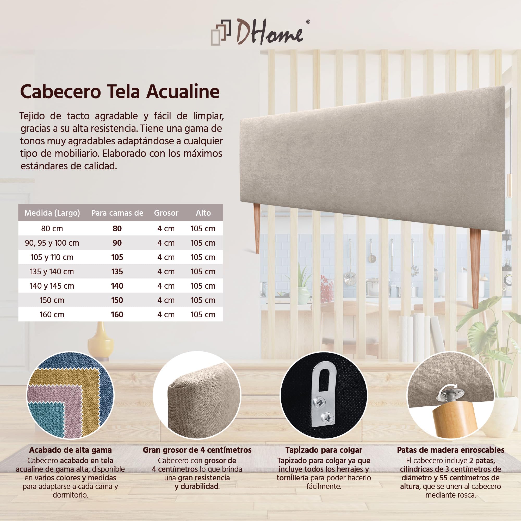 DHOME Tête de Lit AQUALINE en Similicuir ou Tissu - Lisse et Tapissée - Lit de Luxe 160cm avec Pieds (Lits 150/160, Tissu Beige)