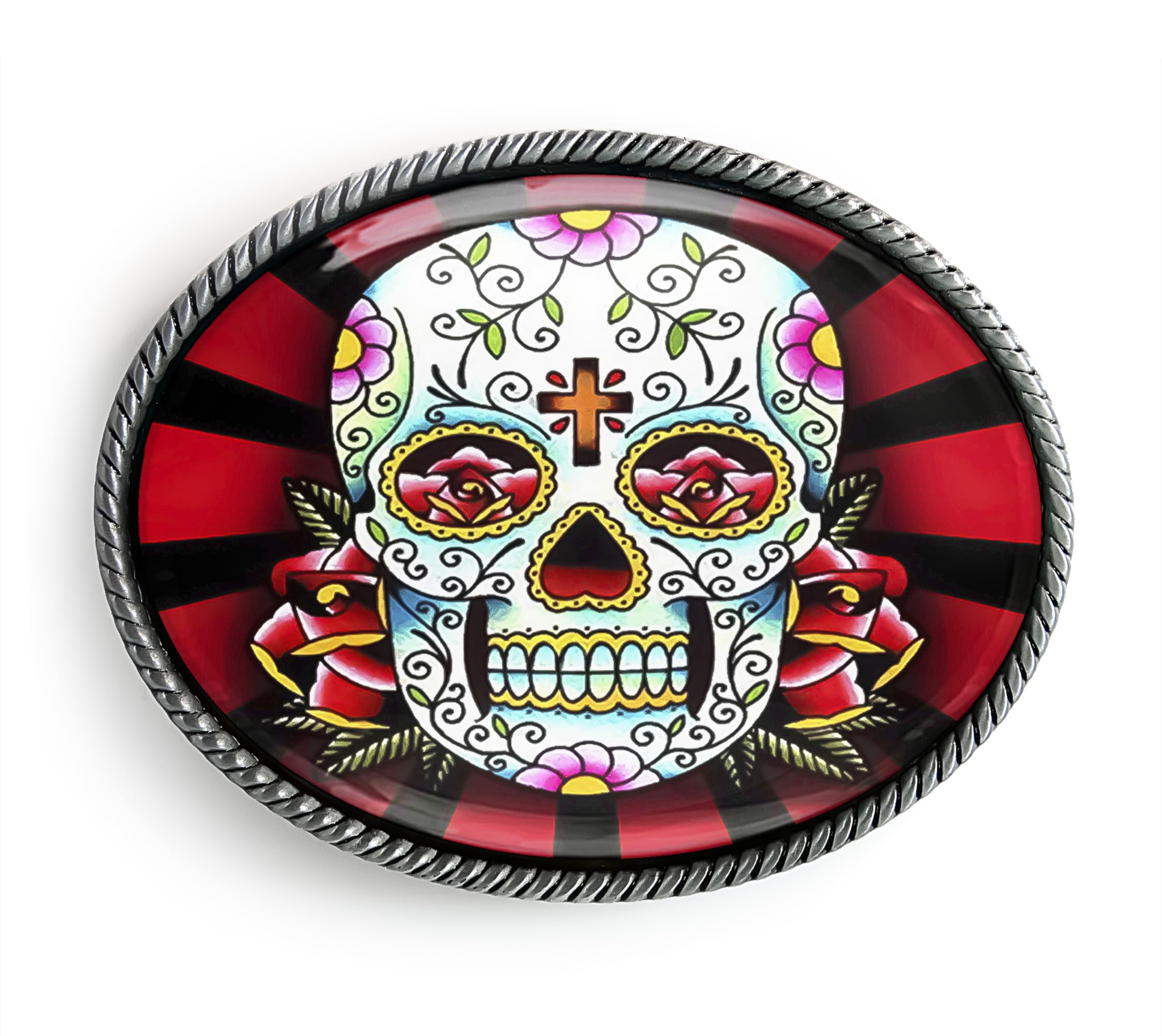 Day of the Dead Belt Buckle - Handmade Sugar Skull Tattoo Belt Buckle (Antique Silver)