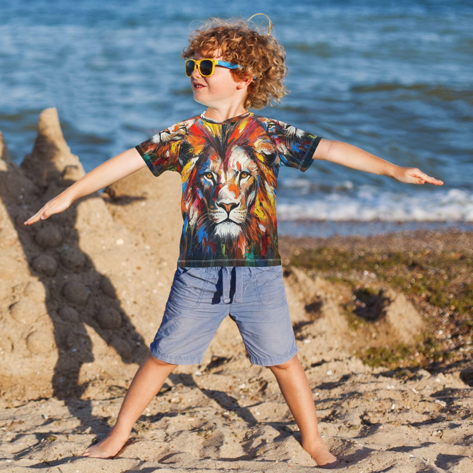 MNSRUU Toddler Boy Rash Guard Short Sleeve Swim Shirt Lion Print Rashguard 5-6T Beach Shirts Quick Dry,077