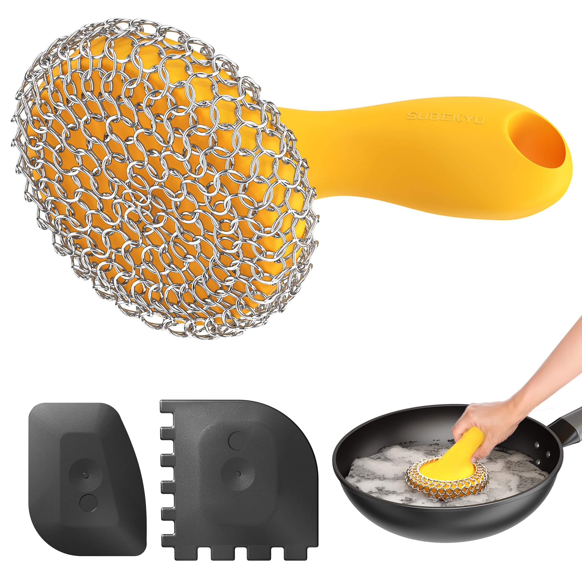 SUBEKYU Cast Iron Scrubber with Silicone Handle, Stainless Steel Skillet Cleaner for Cast Iron Pans (Yellow Scrubber + Scraper)