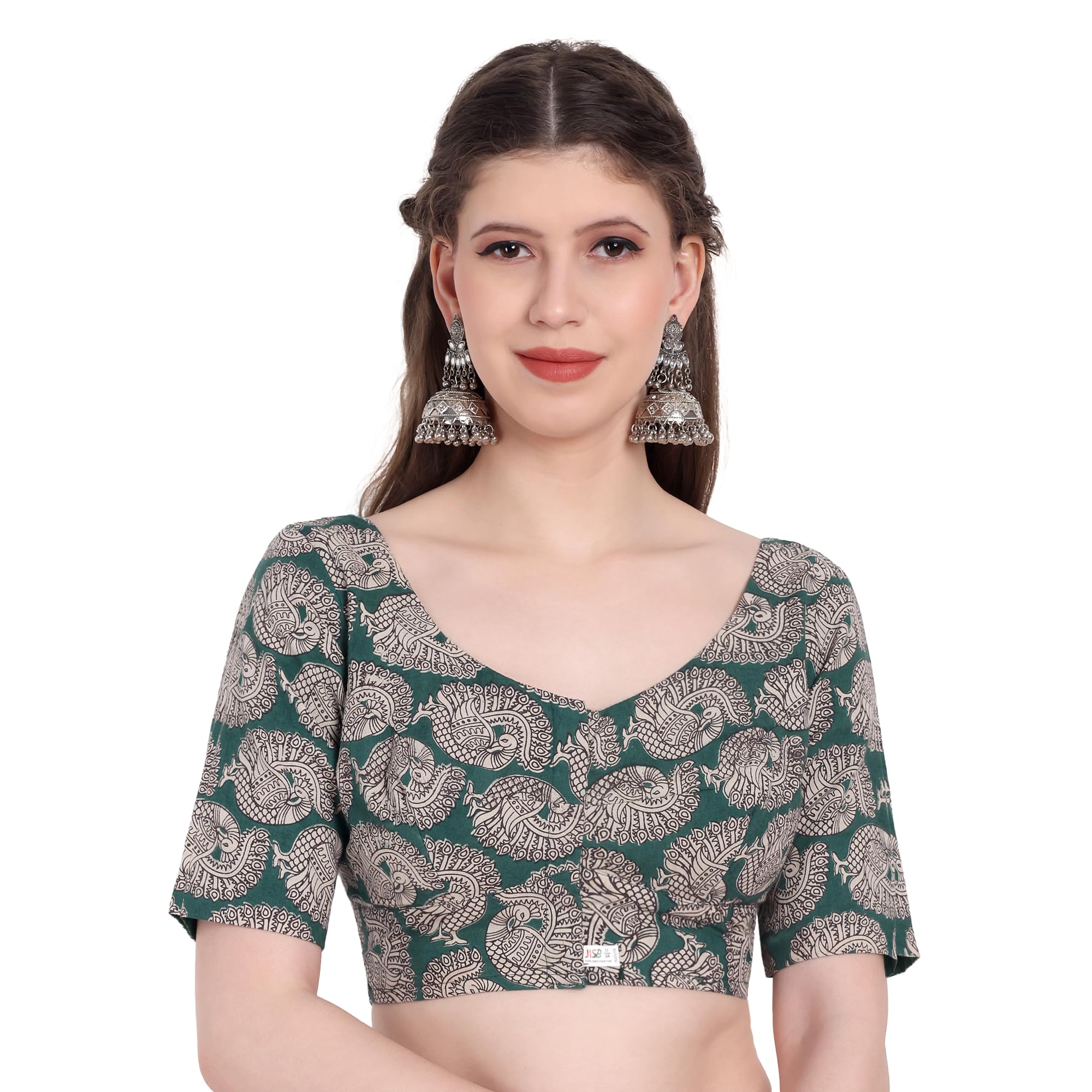 jisb Women's Pure Cotton Kalamkari Printed Elbow Sleeve Readymade Saree Blouse, Front Open, Fitted-picture-18