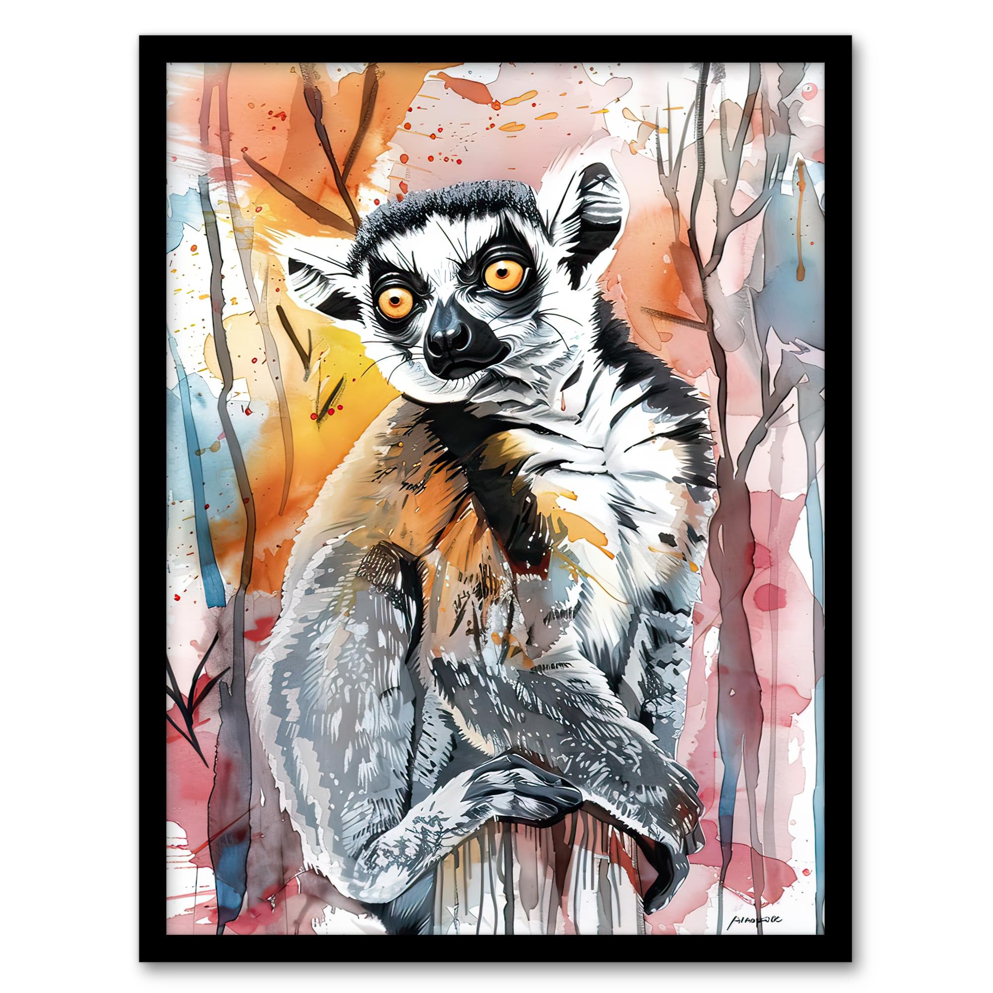 Artery8 Striped Lemur in Abstract Rainforest Sunset Living Room Artwork Framed Wall Art Print 18X24 Inch