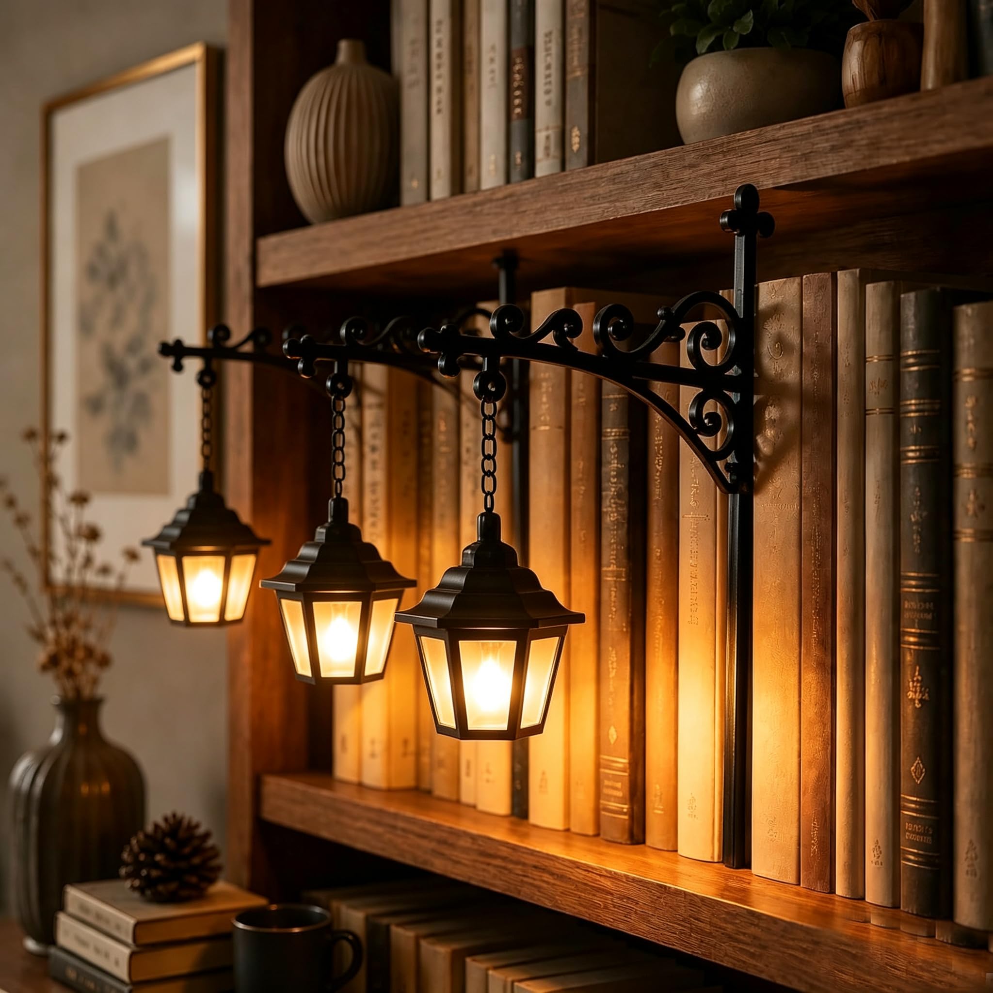 Library Lantern-Decorative Bookshelf Lighting, Reading Nook LED Nightlight, Metal Bookcase Lamps, Vintage Table Desk Luminaires, Studious Home Room Ornament (3Pcs Streetlight)