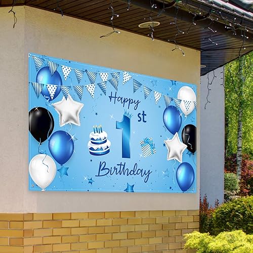 Miniatura 6 de Cartel de fondo de feliz primer cumpleaños azul para recién nacidos, fondo de fotografía para primer cumpleaños, suministros de decoración de fiesta