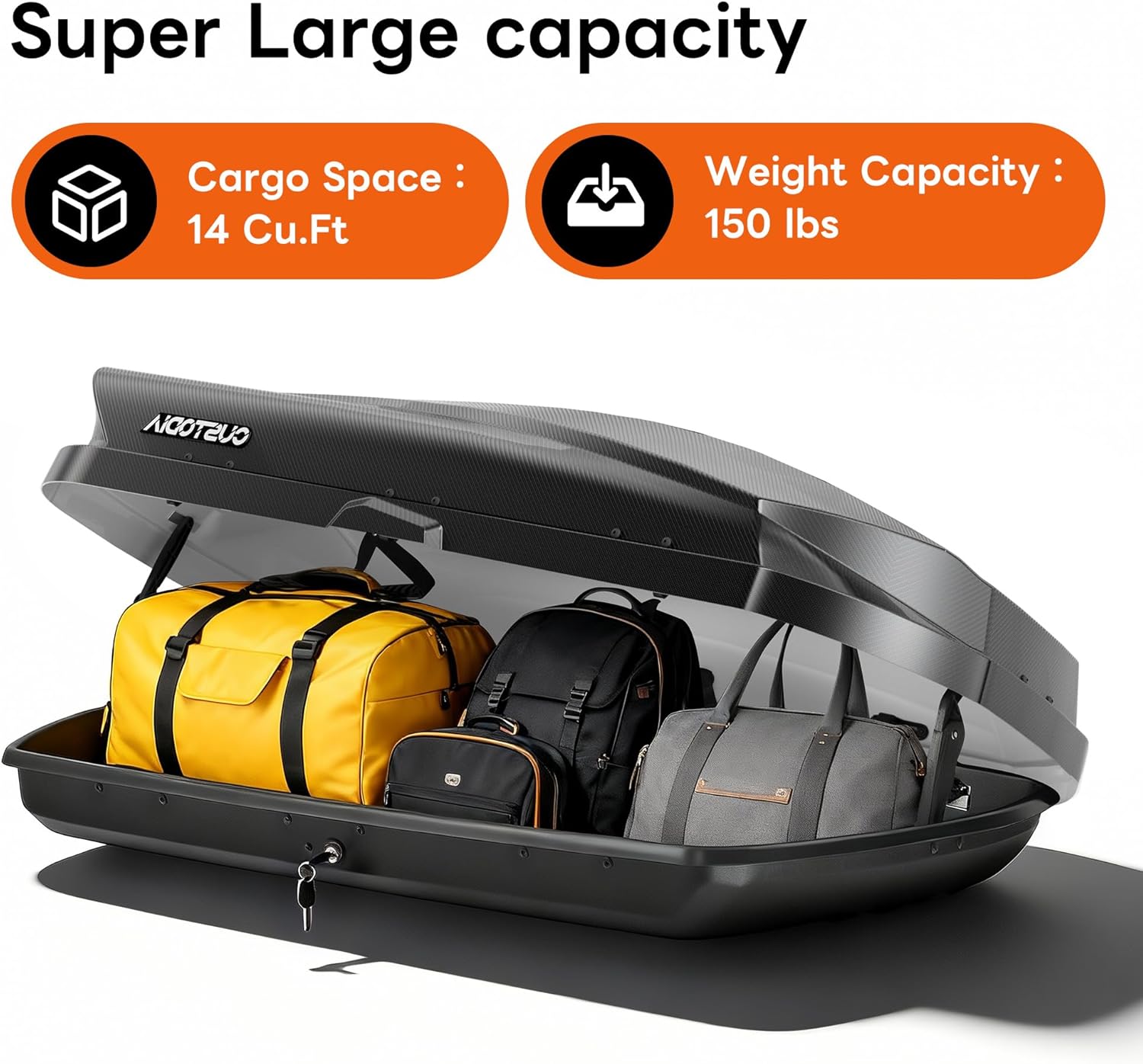 Rooftop Cargo Carrier, Hard Shell Roof Box 62.52'' x32.48'' x13.19'', 14 Cubic Feet with Security Locks Dual Side Opening -Free Installation Fits 3” Wide Cross Bars for Cars, SUVs, Truck, Carbon Black