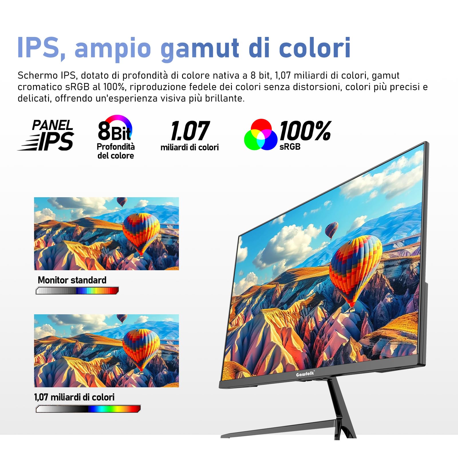 Gawfolk Monitor per computer IPS da 27 pollici 2K QHD (2560×1440), schermo per PC gaming 75Hz, 1ms, Adaptive Sync, 100% sRGB, 1,07 miliardi di colori, Altoparlante integrato,DisplayPort, HDMI, Nero