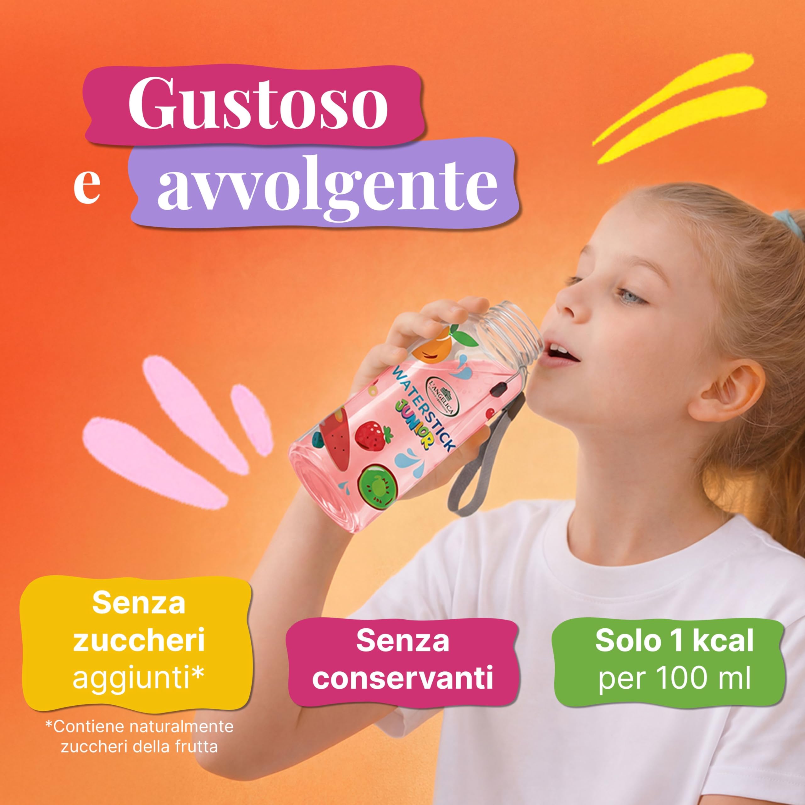L'Angelica, Waterstick Junior, Gusto Fragola e Banana, Con Frutta, Vitamine, Zero Zuccheri Aggiunti, 6 Astucci da 12 Stick