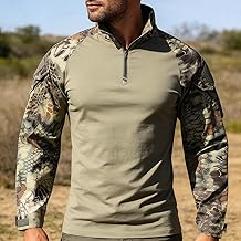 Men's Outdoor Camouflage Green Combat Shirt,Camouflage-Sleeve Quarter Zip Military Training and Hunting Shirt,Large