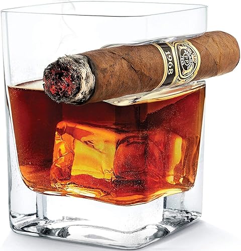 Miniatura 2 de Juego de 2 vasos de whisky de cigarros con soporte para puros, juego de vasos de whisky con reposo de cigarros dentado, vidrio de rocas de alta