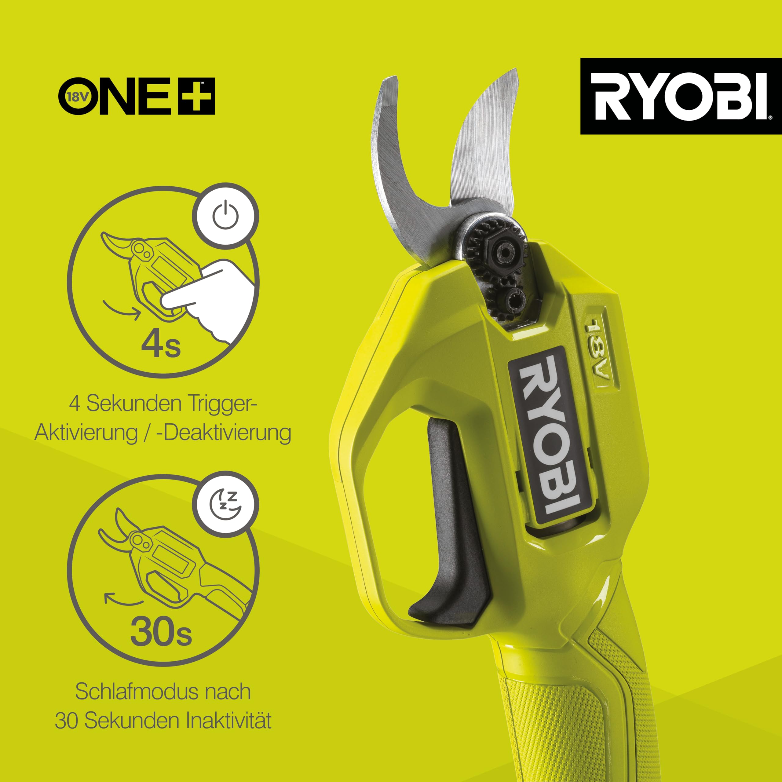 RYOBI 18 V ONE+ Akku-Gartenschere RY18SCA-0 (25 mm Schnittkapazität, 2,5 Sekunden für einen Schnittvorgang, SK5-Stahlklingen, ohne Akku und Ladegerät)