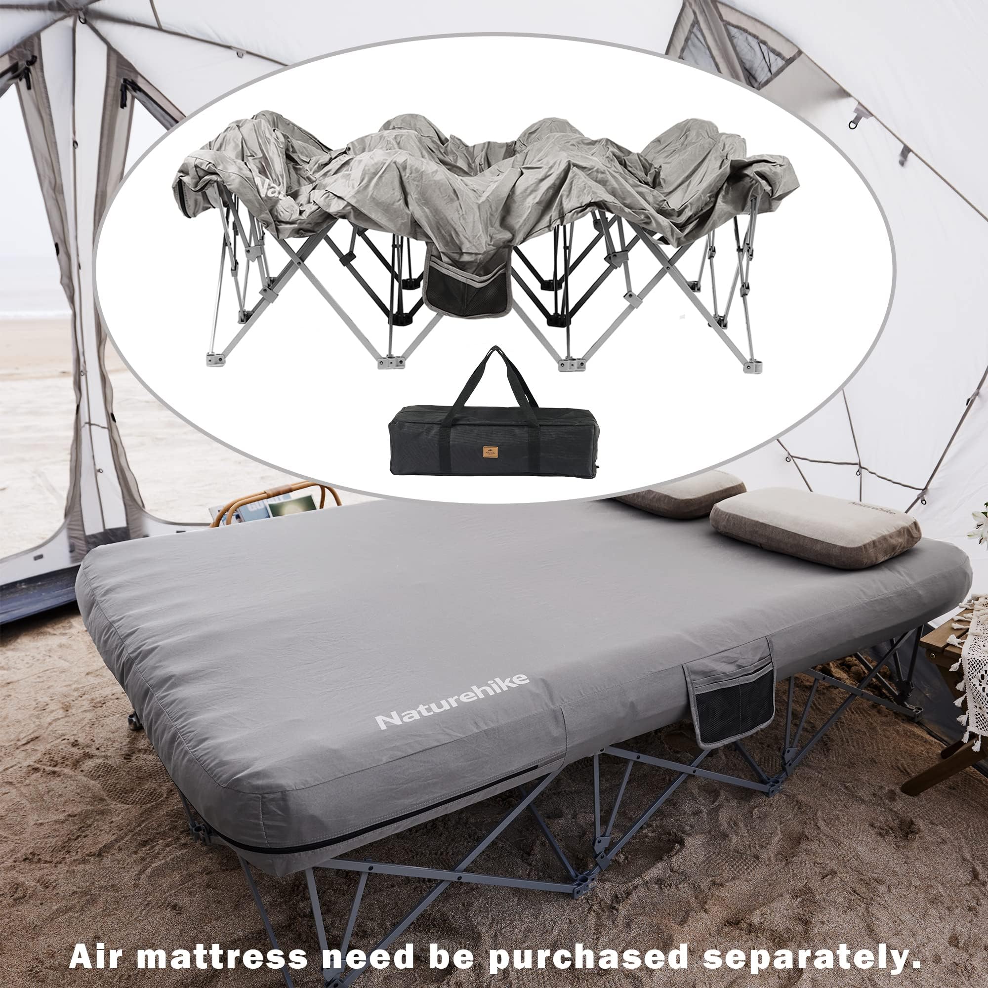 Naturehike Lit de camp pliable pour 2 personnes, cadre de lit de camping pliable pleine taille avec poche latérale et sac de transport, matelas gonflable uniquement non inclus dans la livraison
