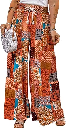 Happy Sailed Womens Boho Print Palazzo Pants Elastic High Waist Drawstring Wide Leg Hippie Flowy Pants