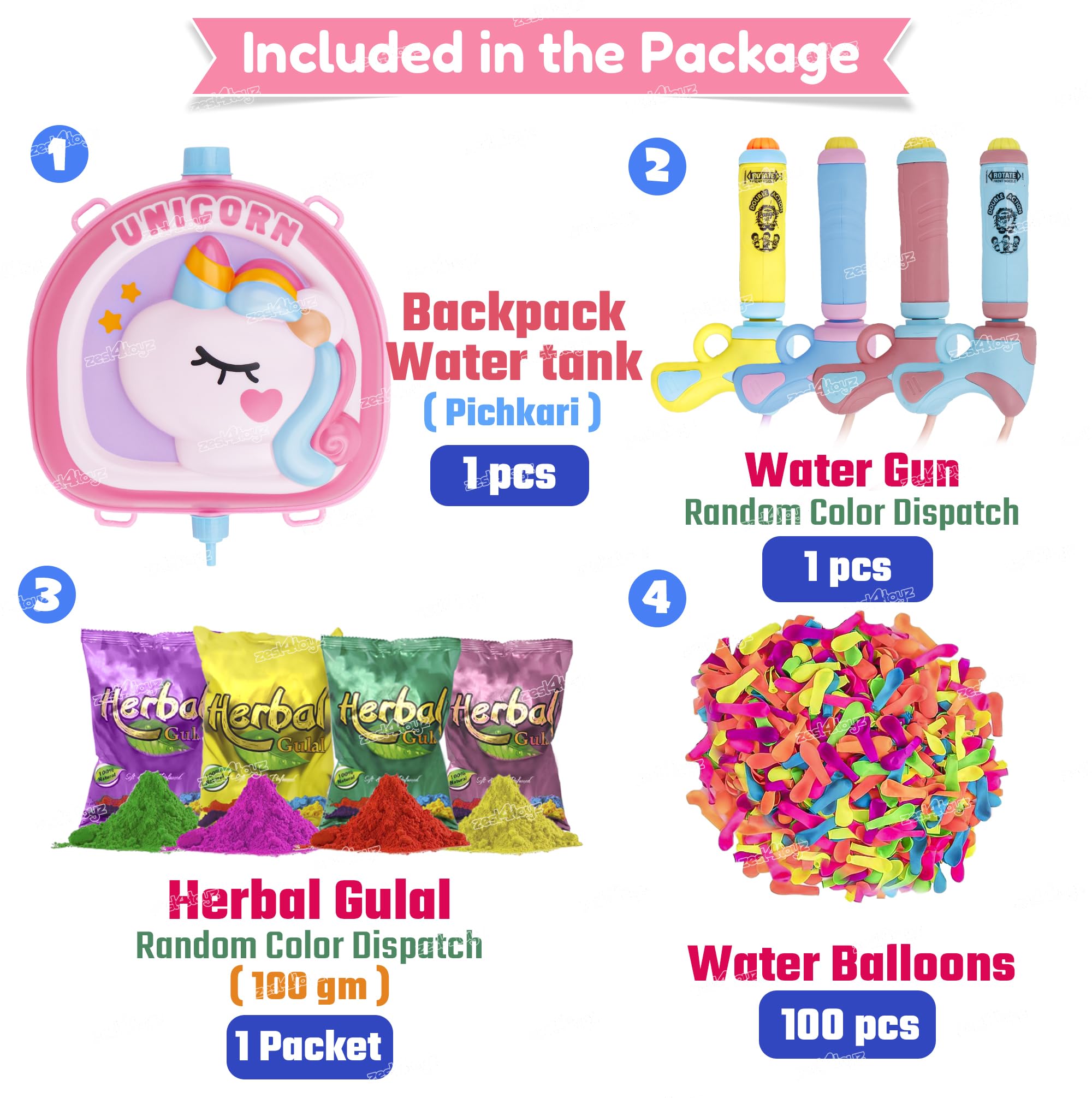 Zest 4 Toyz Holi Pichkari Water Blaster for Kids High Pressure Unicorn Themed Back Holding Water Tank with 1 Pkt Herbal Color & 100 Balloon Holi Combo 2
